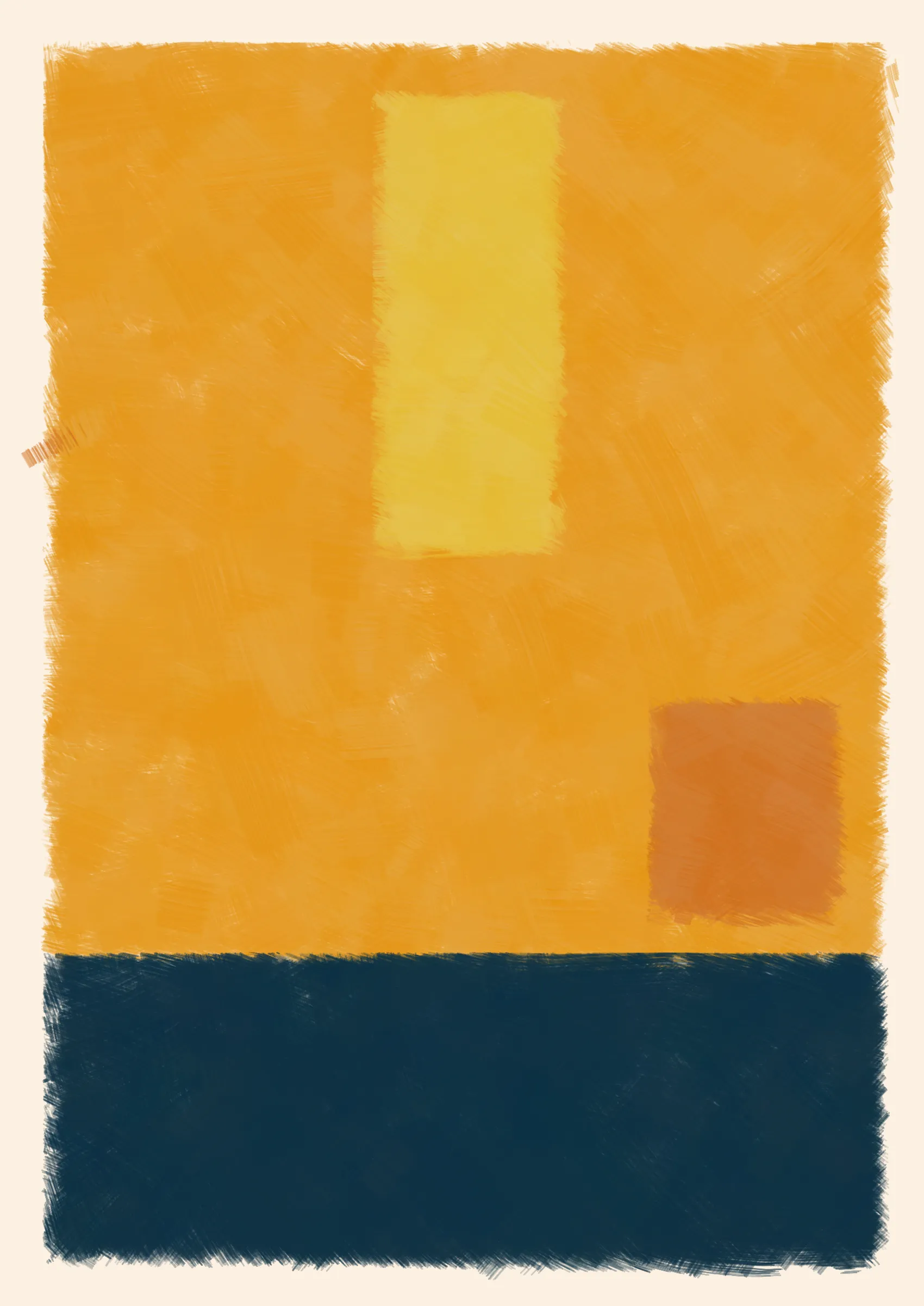 ### Good job, Computer. Do that some more.

To what degree can we teach a computer to make a painting? One that resembles creation from the imperfect hand of a human. Here, the computer attempts to hide itself from the viewer in the details, such as inconsistent borders or uneven layers of paint. Intentional flaws that a human might make unintentionally.
Good, Computer is an exploration of not only how small cumulative inaccuracies create complete images, but also the forms and harmonies that those images evoke.

Consider the following:

***A set of 4 colors is to be considered -- singly as "actors," together as "cast." They are to be presented in 4 different arrangements -- as "performances."***
***Although they remain unchanged in hue and light, in "character", and appear in an unchanging outer frame, the "stage", they are to produce 4 different "scenes" or "plays," each to be so different that one and the same set of colors will be seen as 4 different sets, presented by 4 different casts.***
***And all this can be achieved mainly through changes in quantity which result in shifts of dominance, of recurrence, and consequently of placement.***
***The essential question: which group of colors is ready to lose its identity as a cast?*** 
***-- Josef Albers***

We can answer this question simply by asking ourselves why we're drawn to some arrangements more than others. In doing so, we consider not just tone, but also quantity, intensity and weight in order to form new relationships between the colours. And as such the viewer gives each image their own subjective personality.

---

Press `s` to save image.