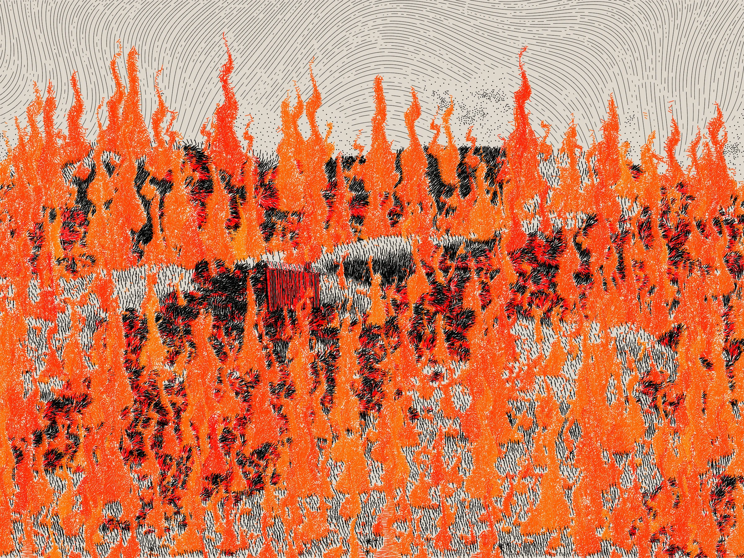 *Life and Love and Nothing is released as part of reGEN, a special charitable auction of generative art to raise funds for Cure Alzheimer’s Fund, curated by Alex Estorick and Foteini Valeonti in collaboration with The Giving Block.*

This is an illustration of a wildfire burning through a cabin and the surrounding hillside, rendered stylistically with pen and paper in mind. 

Once a year, the fire will ignite and burn until the cabin and the hillside are consumed. After burning, the cabin and the hillside will regenerate, and the cycle will start again.

The cabin represents a person, and the surrounding hillside their mind and memories.

The fire represents disease, burning through the person’s memories from the most recent and least established, through to the oldest and most ingrained.

My hope is that this can illustrate both the pain caused by disease and the beauty of the time we have to hold onto memories and loved ones.

Life is short, bodies degrade, houses burn. But, before that, there is life; there is love; there is creation – these things are beautiful.

Consider where you are placing your efforts.
Pursue what is important.
Take the time to see someone you love.
Take the time to do something you love.

There’s only so much time.