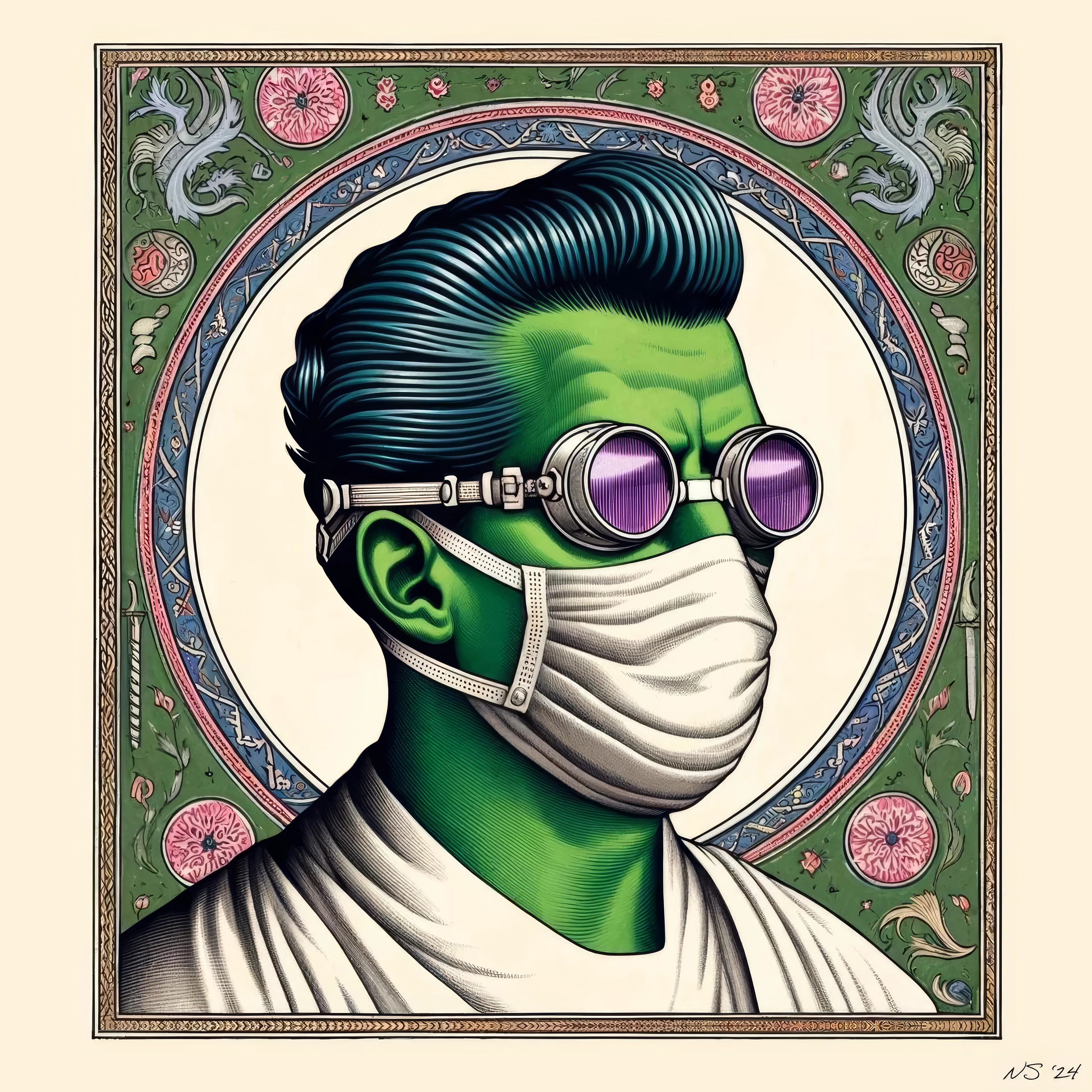 The MEDICIS is 365 artworks inspired by the Cozomo Medici Punk 3831
each work is an individual take that takes the punk and reinvisions it to a new art style and sometimes a completely unique narrative. This project is to commemorarte completing 1 year of GM posts from Nuclear Samurai to Cozomo Medici