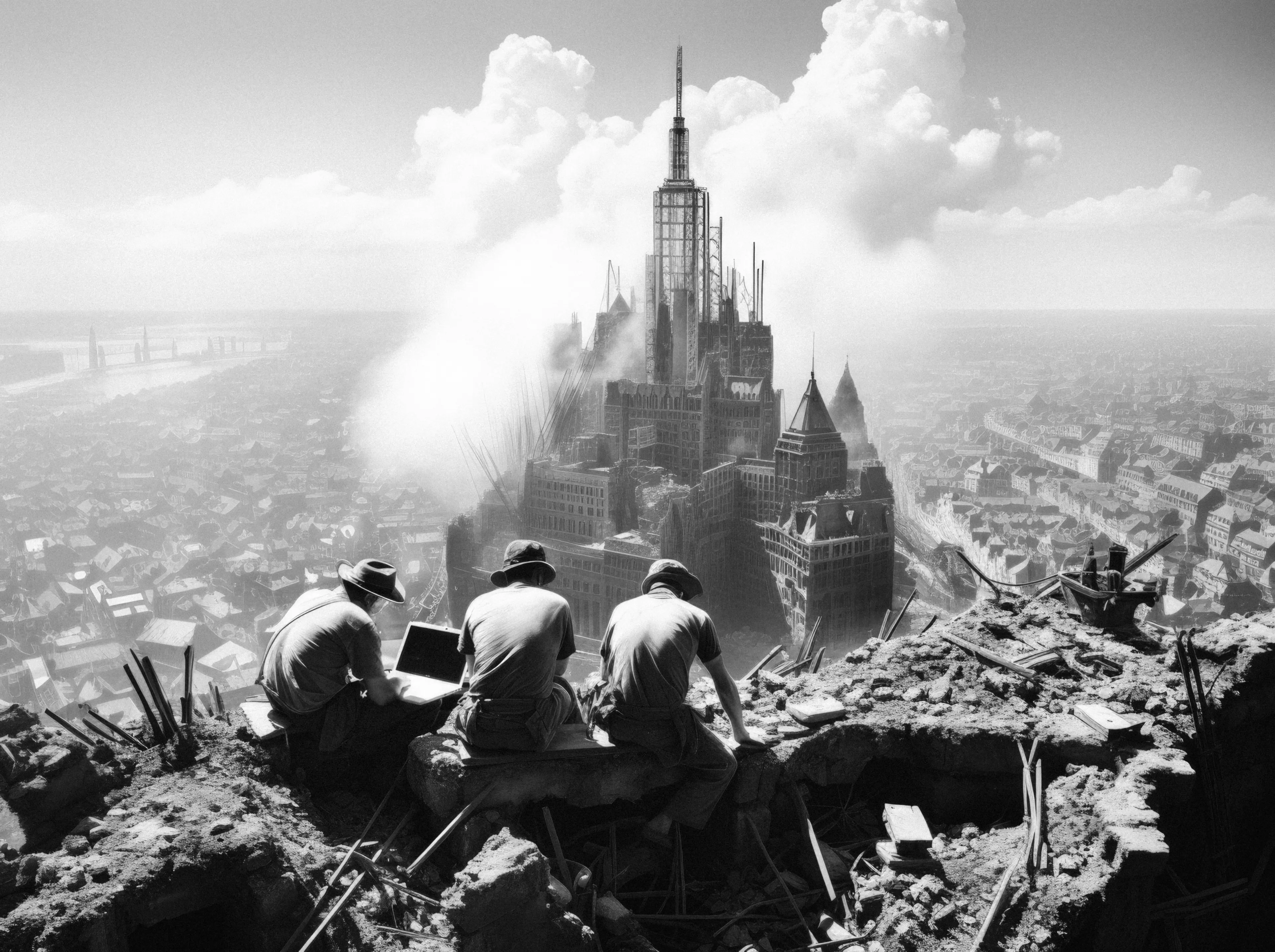 This work captures the glass age's builders, a nod to that famous "Lunch Atop a Skyscraper" shot. Construction dogs up high in the belly of Manhattan, building a future that reflects the grit and sweat of a blockchain that never sleeps.
