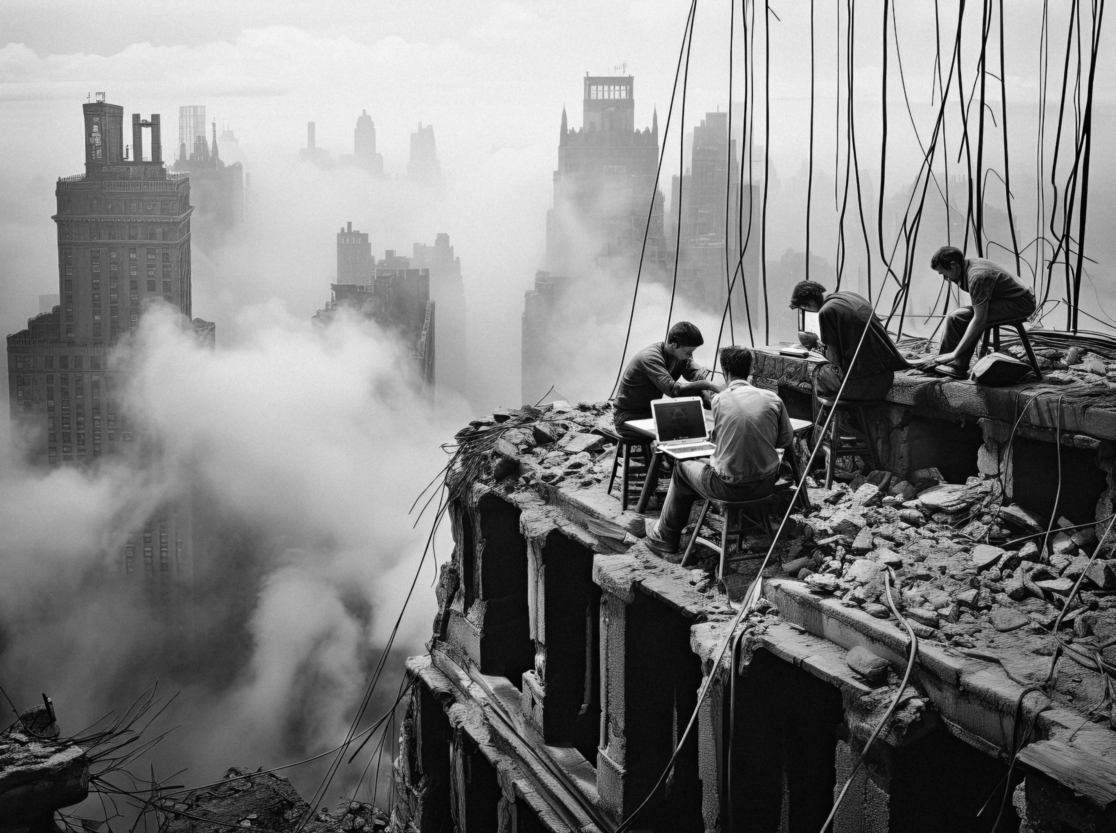 This work captures the glass age's builders, a nod to that famous "Lunch Atop a Skyscraper" shot. Construction dogs up high in the belly of Manhattan, building a future that reflects the grit and sweat of a blockchain that never sleeps.