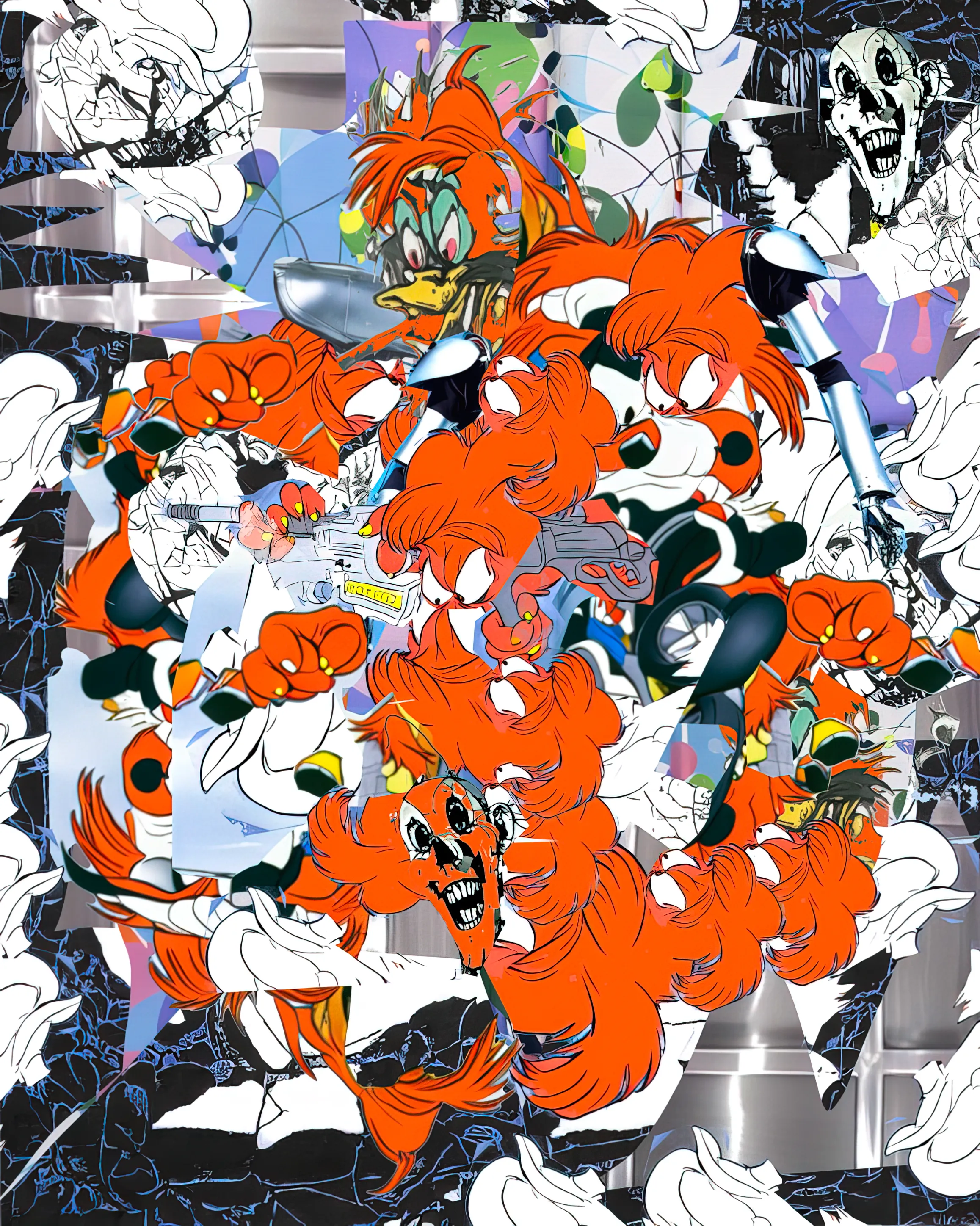 An abstraction made of outputs from a model of the character Gossamer. Digital collage. Ever since I was a kid, I saw Gossamer as a character I related to energetically. The scarlet fur, and the expressive form, with so little facial features.