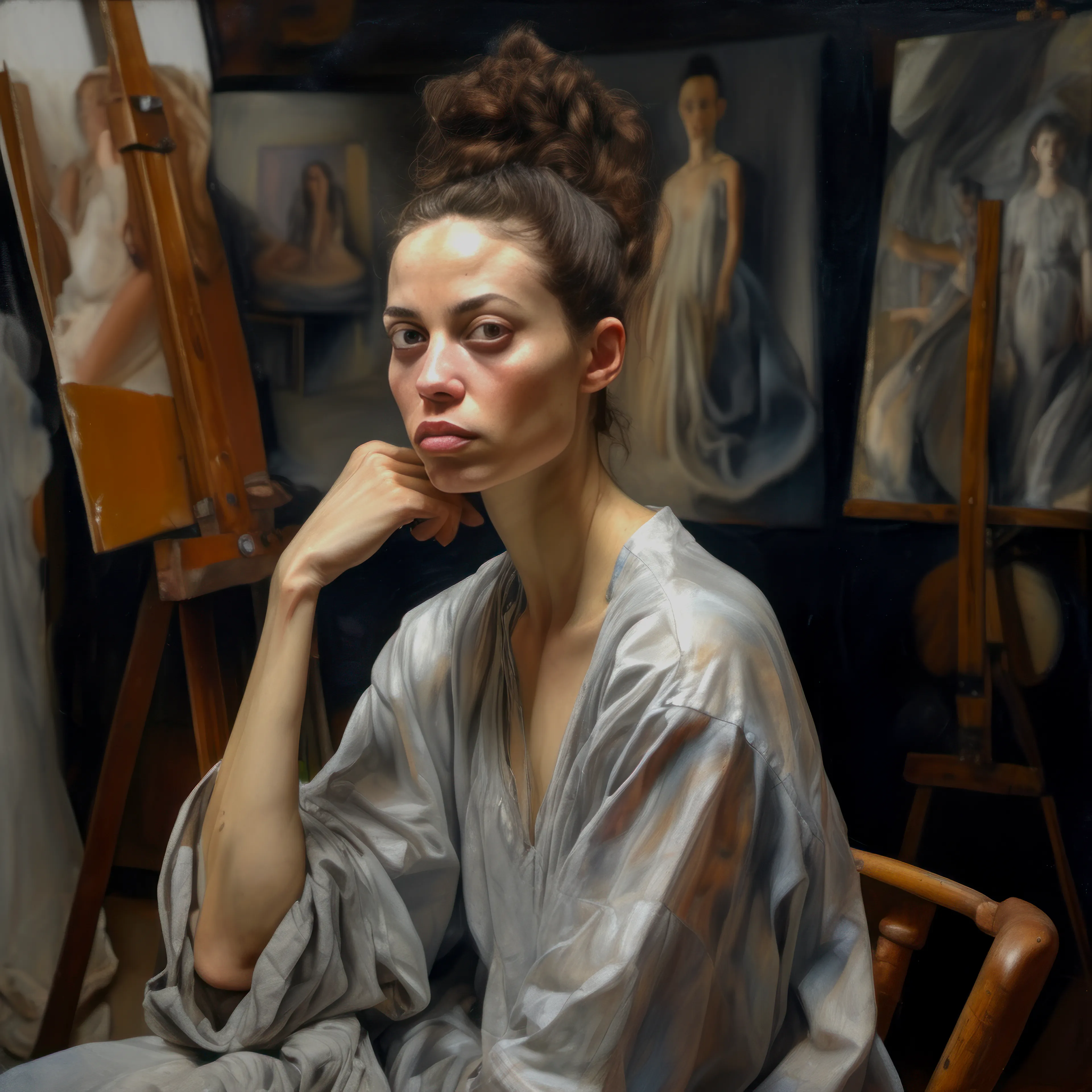 "Artists as Muse" is a reflection on the interplay between creation and creator, reality and imagination, and an exploration of the role of women in art history. In this series, I employ AI as a creative collaborator to “paint” vivid self-portraits of imagined female artists from different eras, at different points in their careers, each with their own unique artistic style.

Rather being the subject of the male gaze, these women artists are their own muse. These portraits are a gateway into alternate art histories, a contemplation of the multifaceted nature of self, and an exploration of the standards of beauty and femininity embedded within capitalist paradigms. 

Art history is not a monolithic entity, but a tapestry woven from countless threads. This series seeks to expand our understanding of this tapestry by inviting us to envision what could have been.