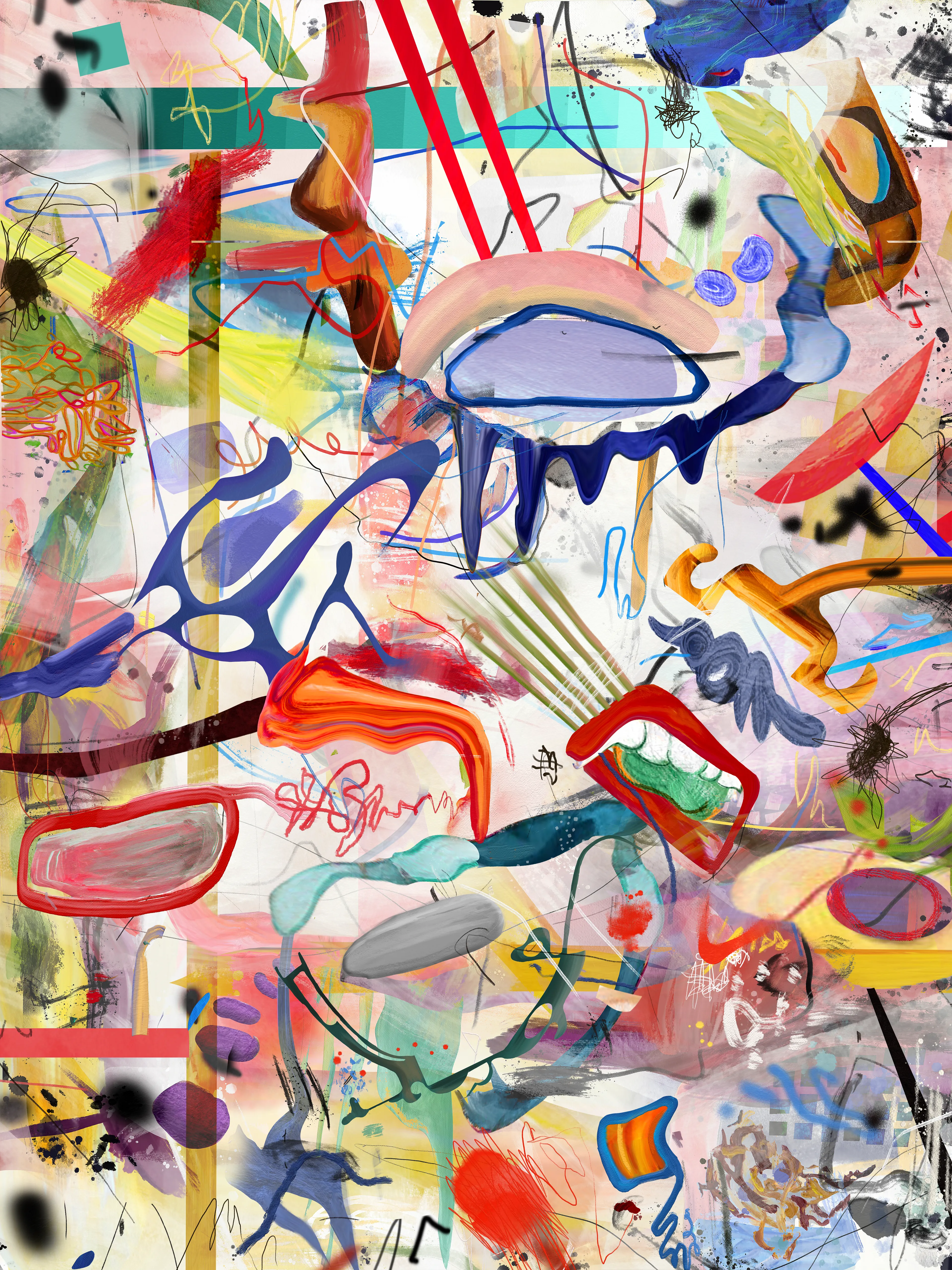 In this painting I merge physical and digital painting in order to create unique compositions which combine both worlds: The physical and the digital one. I study possible behaviours and sensations like madness, illness and death. I depict them as wonderful states or places, showing the beauty beyond any situation.
