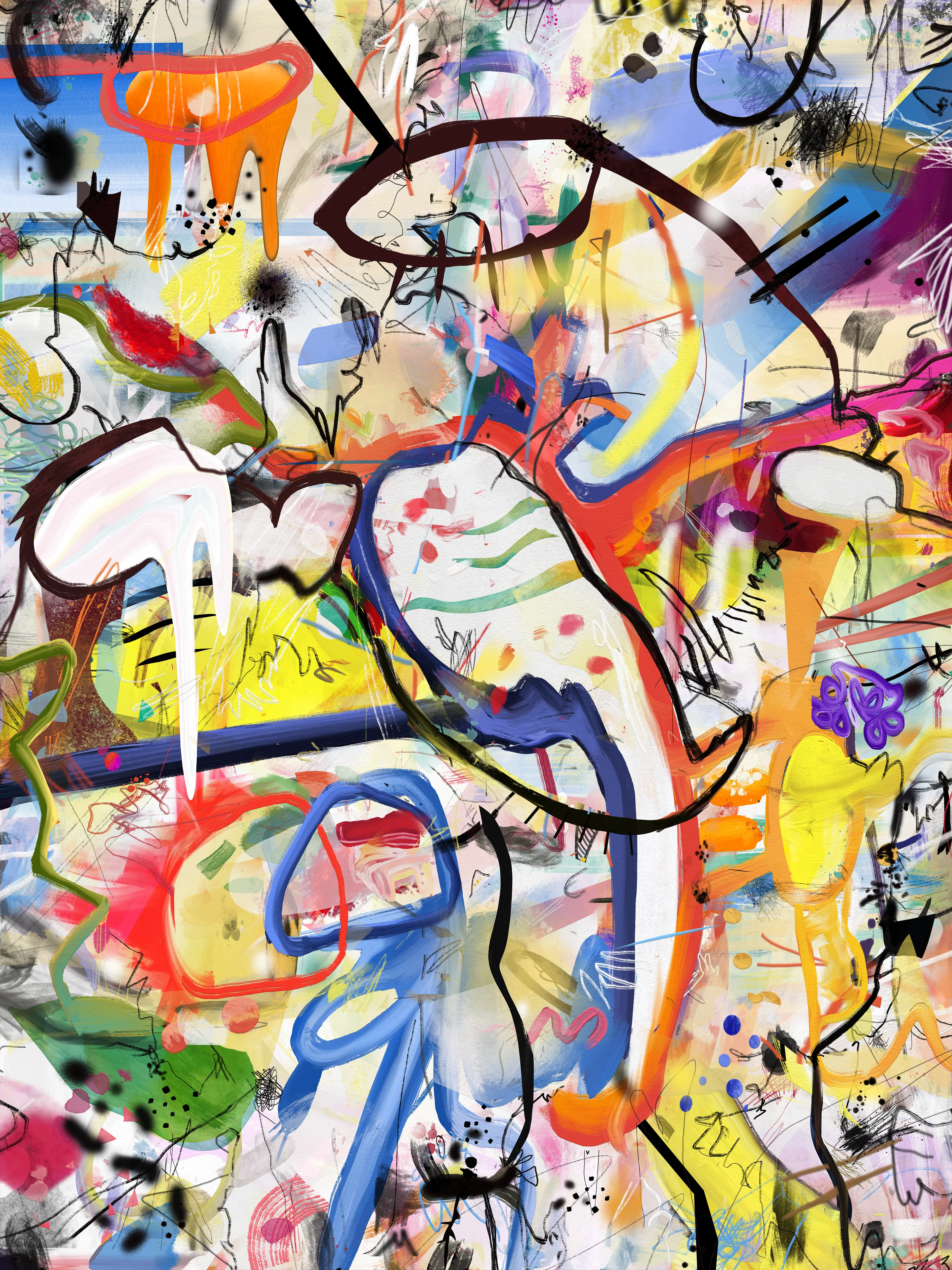 In this painting I merge physical and digital painting in order to create unique compositions which combine both worlds: The physical and the digital one. I study possible behaviours and sensations like madness, illness and death. I depict them as wonderful states or places, showing the beauty beyond any situation.
