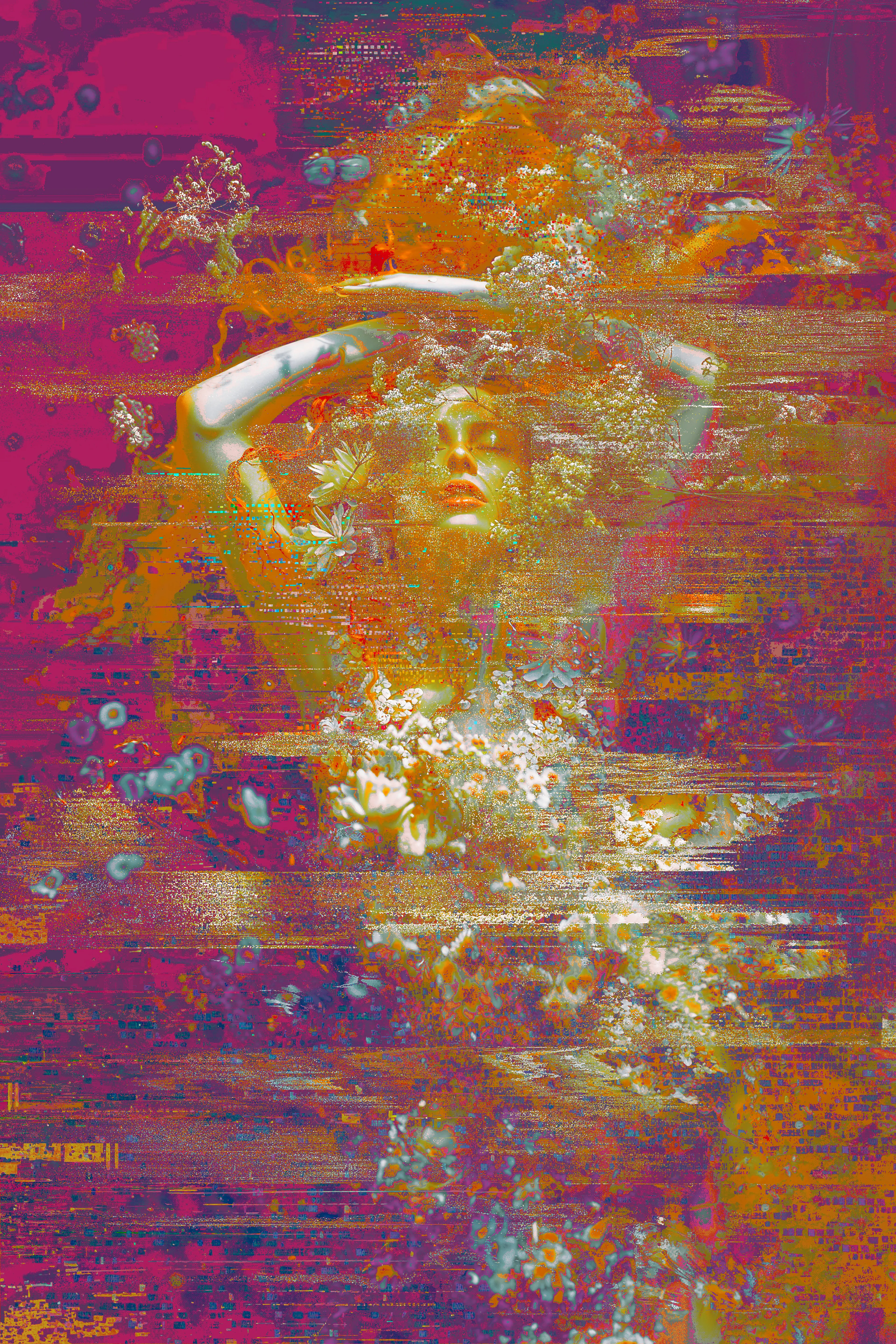 This series of artworks portrays a Siren in five distinct colour variations, each capturing a unique aspect of this mythical being. According to legend, a siren is a creature known for its enchanting voice, capable of luring sailors to their doom. The Siren symbolizes both temptation and peril. But perhaps in a more modern context it can also be seen as a symbol of female agency and power. Each colour version reflects a different dimension of her character, showcasing the complexity and strength inherent in her myth.

Method: Glitch collage over AI.  
Version: Fuchsia