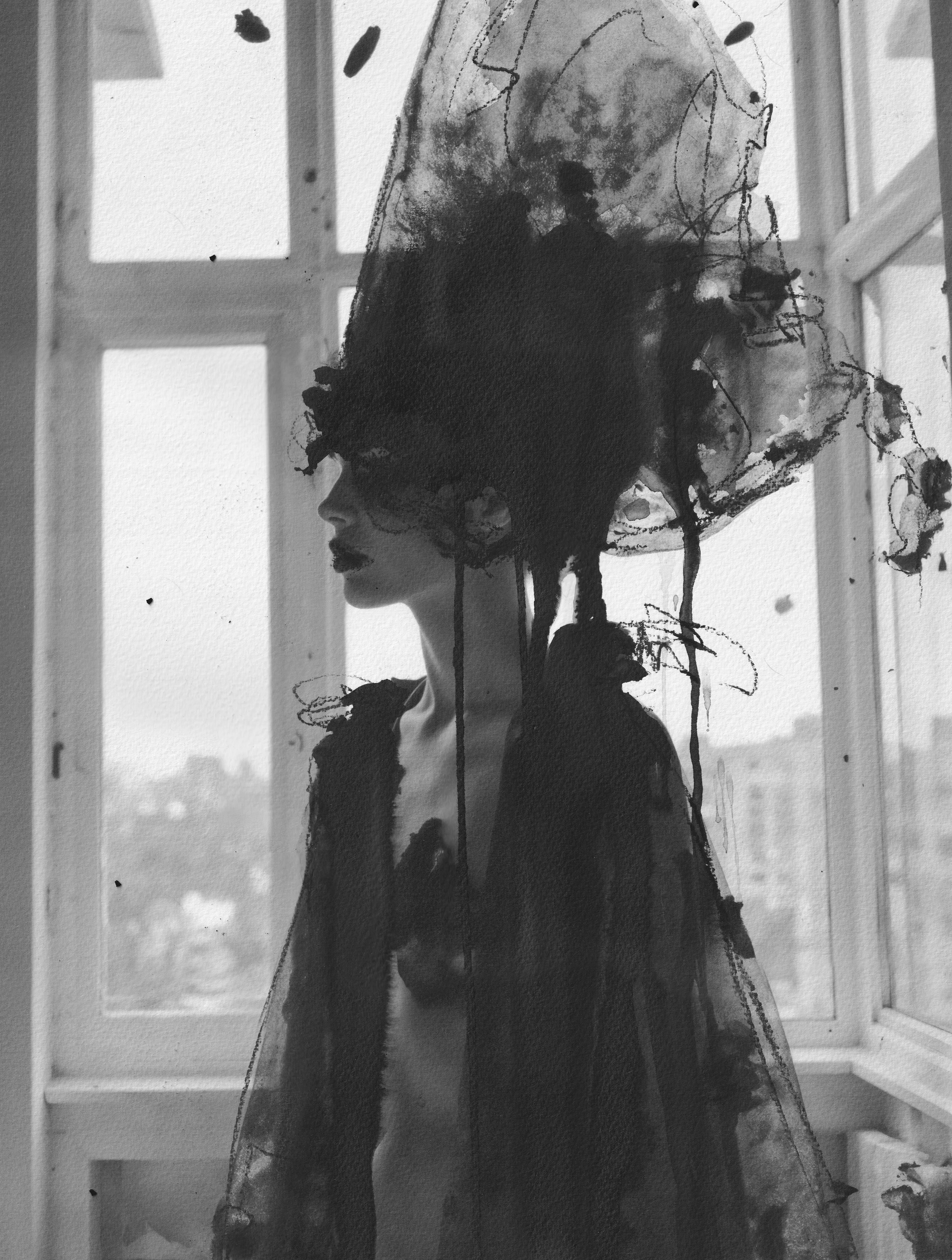 A figure stands in stillness, adorned with an ink-drenched veil that expands like an extension of thought itself. The Oracle embodies the convergence of human intuition and machine logic, where AI-generated form merges with analogue intervention to create a vision both ancient and futuristic.

The ink flows like an algorithm in motion, forming an intricate headdress that suggests augmented perception, prophecy, or encoded knowledge. The gaze is obscured, as if the figure exists outside linear time—an entity shaped by the recursive loops of creation, memory, and reinvention. In this interplay between presence and abstraction, The Oracle stands as a symbol of transformation—a being neither fully seen nor entirely unknowable, existing at the threshold of past and future, human and machine.