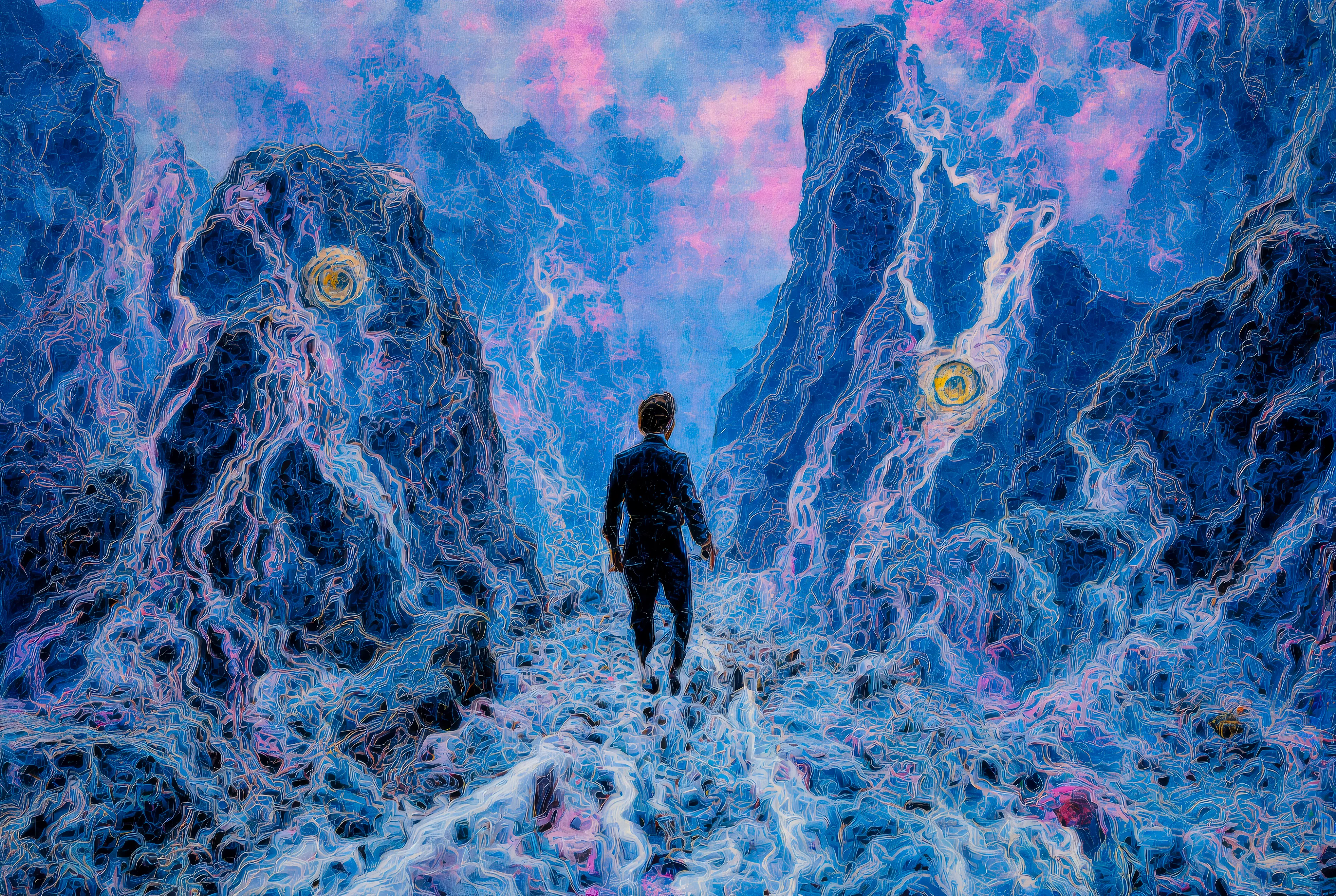 What do you become when your world collapses? TRANSDIMENSIONAL TRIPPERS is 500 answers: characters caught between states, solid forms becoming liquid consciousness, reality bending around those brave enough to transform. Every piece is a mirror. Step through the portal. The collection comments on crypto speculation, social media toxicity, and the search for meaning, rendered in MLOW's drippy digital alchemy aesthetic.