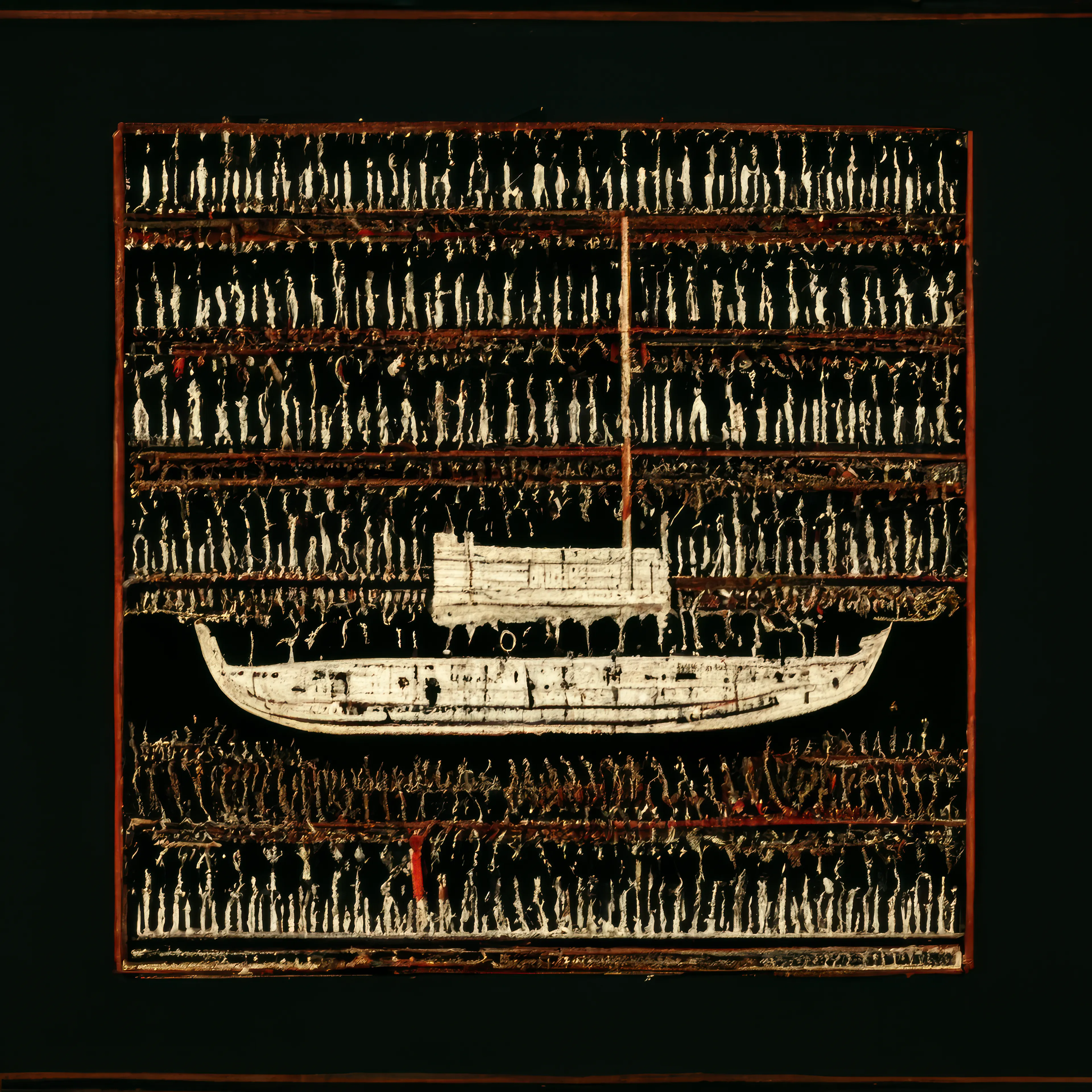 An excerpt from a dialog (an argument) I am having with the algorithm about Slave Ships. I am seeking a diagram of a ship in which after generations of use one can no longer distinguish between the humans and the ship itself.  I use prompt based AI not for the images as an end unto themselves but as ideation. In this series I am describing an idea that is both literal: “a ship” and an attempt to visualise how what that ship holds can effect it’s outward appearance. In the end I select outputs as concept art for 3d models and texture maps which I will create for a final sculpture.