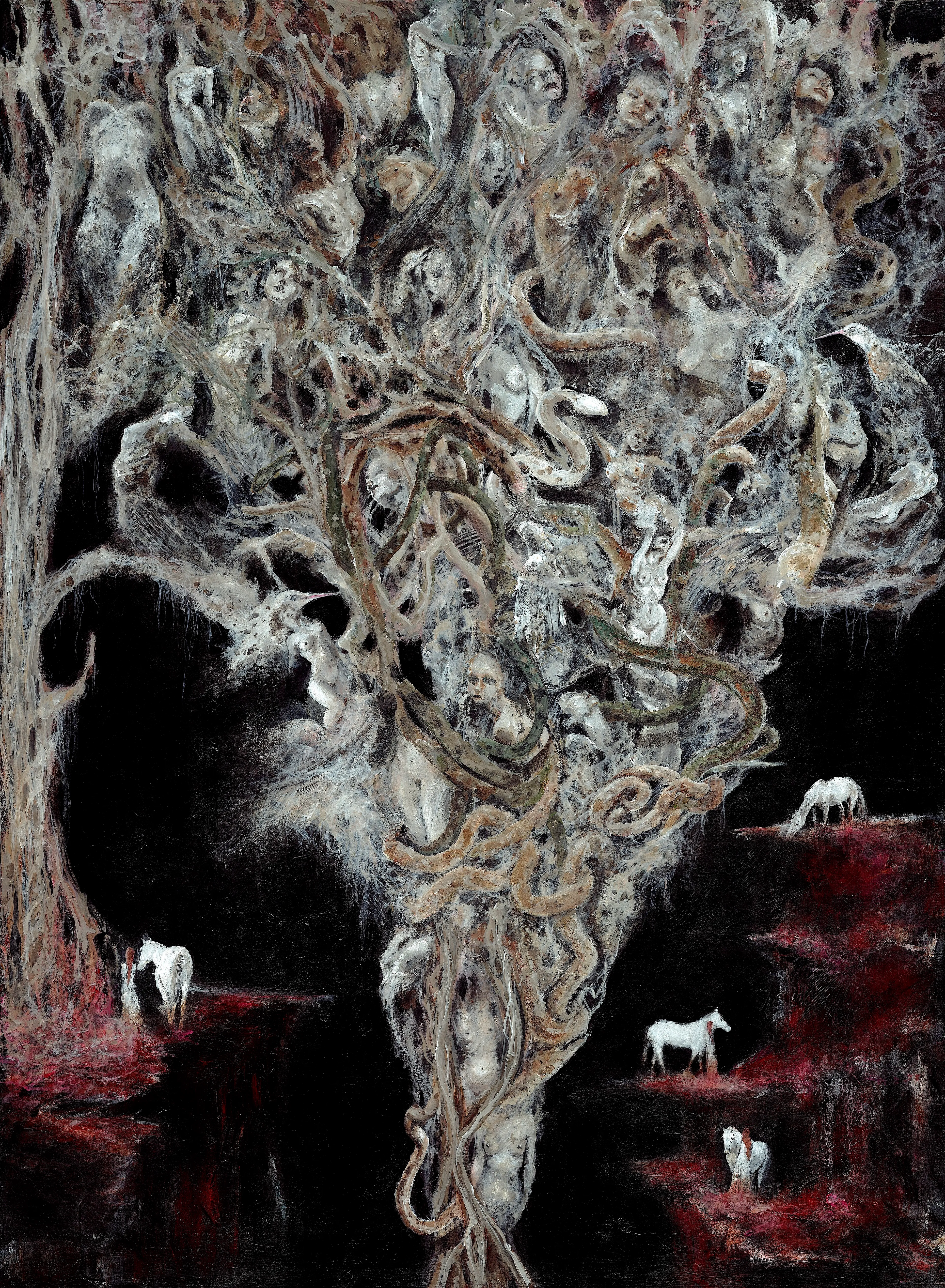 Where does the soul go when it's no longer in the physical body? I imagine a forest of trees made up of these souls. Deep ravines with large barren trees float between cliffs. The trees have thick swirling vines that appear like serpents wrapping the souls together. And songbirds peek through to keep the restless souls content. The soulkeepers with their white dresses and white horses are permanent residents making sure the souls are never lost. In my mind, your soul is never lost, only displaced for awhile.