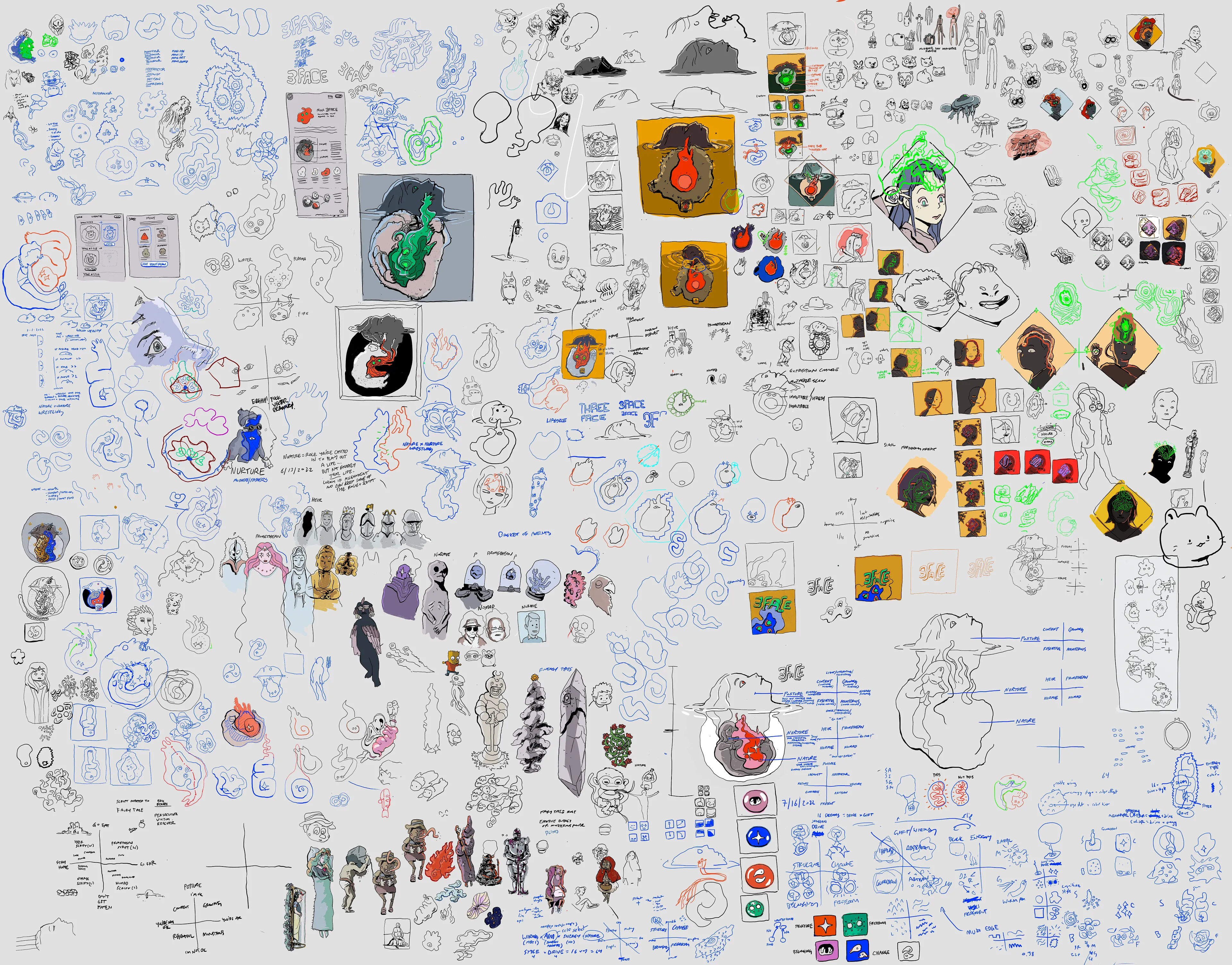 3FACE Master Production Canvas is an ongoing digital drawing that documents the totality of 3FACE production: ideation, archetype explorations, prototypes, forking paths, team explainers, logo designs, notes to self, marginalia, secrets. 


Every time I needed to work out something about 3FACE, I worked it out  on this digital canvas. 


This is a dynamic 1/1 NFT artwork. It is subject to additive updates as 3FACE production evolves. 


Canvas snapshot #1: 8/16/2022. 6103 x 4780px. Lossless PNG.


For more about the 3FACE project, visit 3face.fit