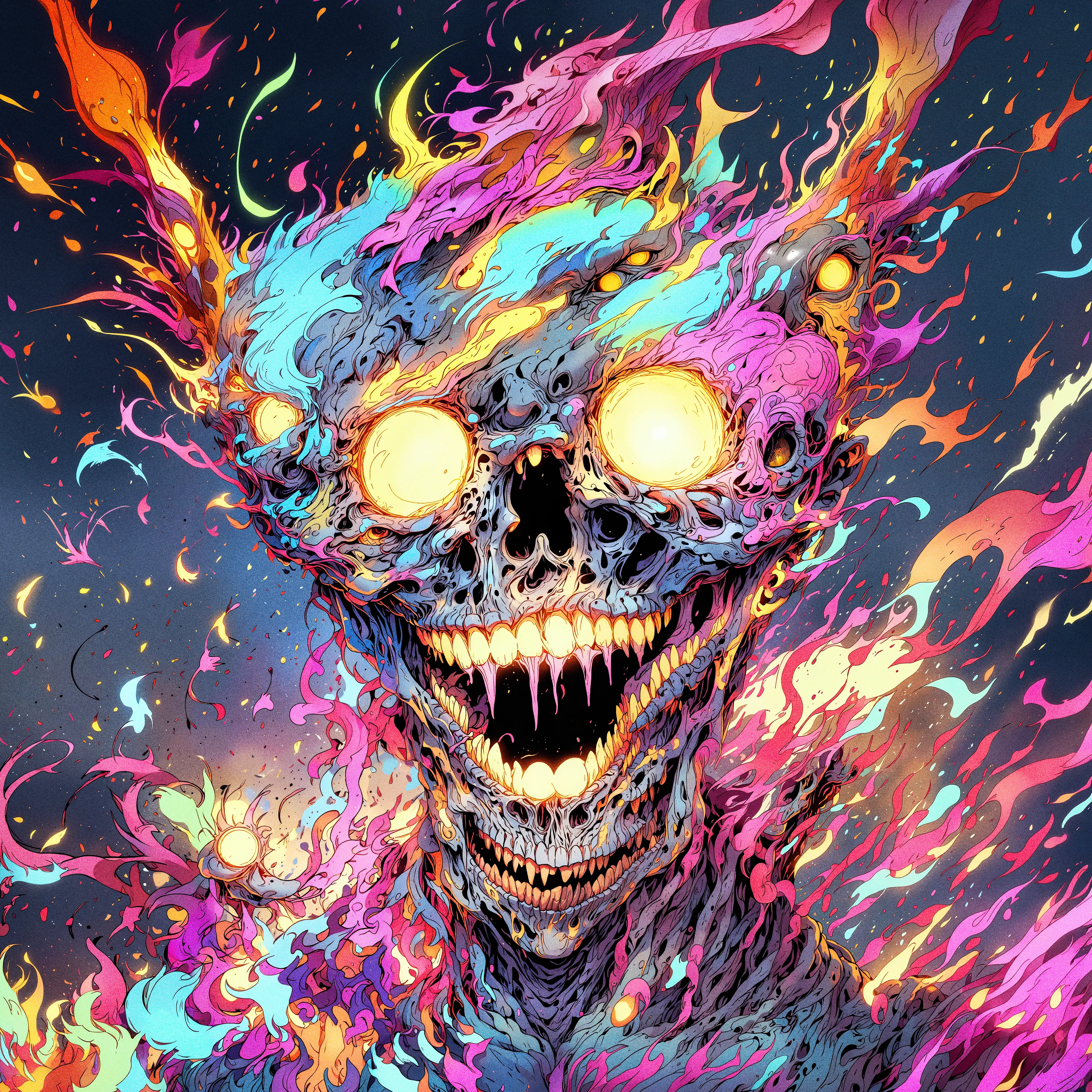 DEMON in from a surreal-maximalism world.

PROCESS:

NijiJourney > style referencing previous edited AI works 
2. ComfyUI > a mix of Relic Upscaler + BeautifAI workflows 
3. Photoshop > 10+ layers of similar images stacked on each other. Masked, curved, color corrected, etc.
