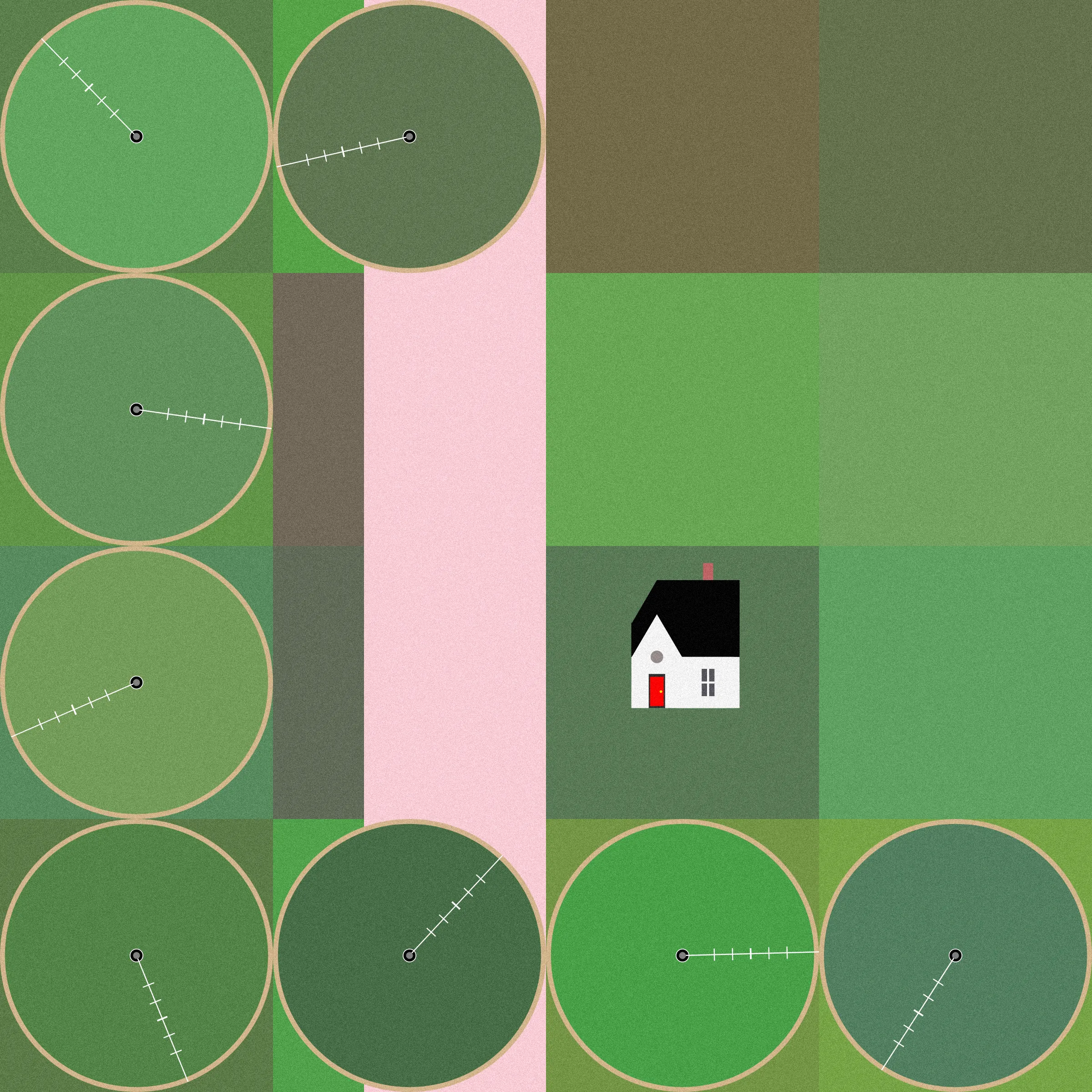 Theoretical Townships explores the tension between flatness and depth within aerial representations of landscape. The title references a well-known diagram, created in 1785, illustrating the method for numbering sections of a standard township survey. Mirroring the structure of this diagram, each output from Theoretical Townships is subdivided into a grid of sections, ranging from one to thirty-six. In addition to incorporating landscape elements, such as pivot irrigators, roads, and buildings, the code also overlays large blocks of color, which create associations with two-dimensional quilting patterns. Through this representational conflation of flatness and depth, the project reveals an inherent conflict between landscape and the grid: the former being an irregular, topographic continuum, and the latter operating as an abstract, geometrical device for measurement and control. Embedded within the tension between landscape and the grid is a complex set of relations regarding the history and politics of territorial expansion.