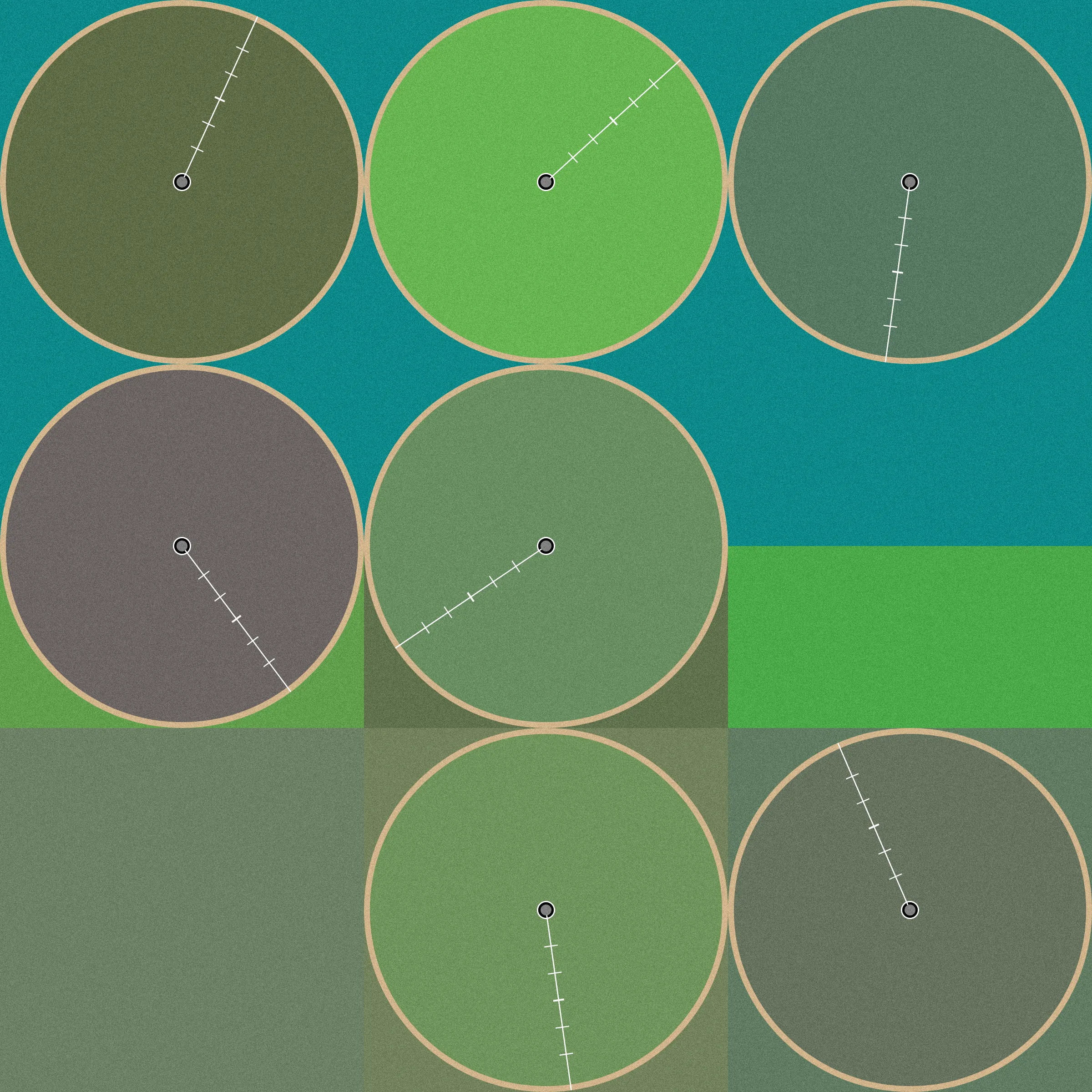 Theoretical Townships explores the tension between flatness and depth within aerial representations of landscape. The title references a well-known diagram, created in 1785, illustrating the method for numbering sections of a standard township survey. Mirroring the structure of this diagram, each output from Theoretical Townships is subdivided into a grid of sections, ranging from one to thirty-six. In addition to incorporating landscape elements, such as pivot irrigators, roads, and buildings, the code also overlays large blocks of color, which create associations with two-dimensional quilting patterns. Through this representational conflation of flatness and depth, the project reveals an inherent conflict between landscape and the grid: the former being an irregular, topographic continuum, and the latter operating as an abstract, geometrical device for measurement and control. Embedded within the tension between landscape and the grid is a complex set of relations regarding the history and politics of territorial expansion.