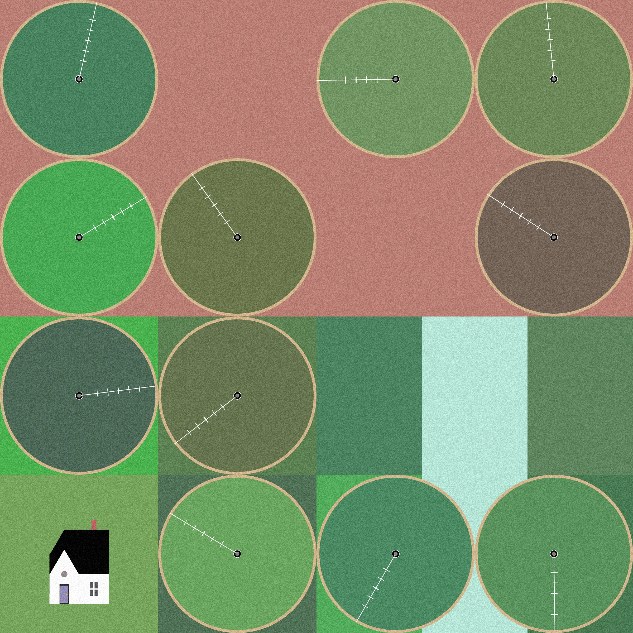 Theoretical Townships explores the tension between flatness and depth within aerial representations of landscape. The title references a well-known diagram, created in 1785, illustrating the method for numbering sections of a standard township survey. Mirroring the structure of this diagram, each output from Theoretical Townships is subdivided into a grid of sections, ranging from one to thirty-six. In addition to incorporating landscape elements, such as pivot irrigators, roads, and buildings, the code also overlays large blocks of color, which create associations with two-dimensional quilting patterns. Through this representational conflation of flatness and depth, the project reveals an inherent conflict between landscape and the grid: the former being an irregular, topographic continuum, and the latter operating as an abstract, geometrical device for measurement and control. Embedded within the tension between landscape and the grid is a complex set of relations regarding the history and politics of territorial expansion.