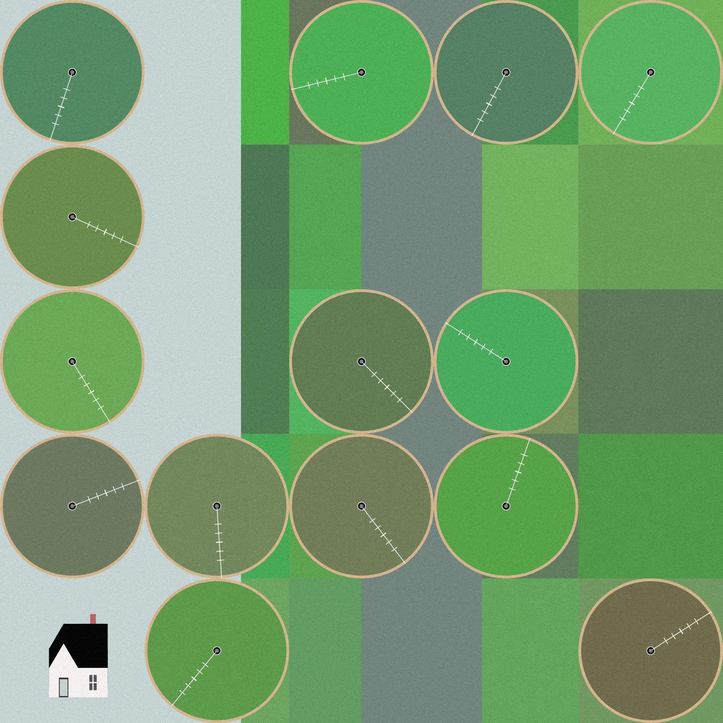 Theoretical Townships explores the tension between flatness and depth within aerial representations of landscape. The title references a well-known diagram, created in 1785, illustrating the method for numbering sections of a standard township survey. Mirroring the structure of this diagram, each output from Theoretical Townships is subdivided into a grid of sections, ranging from one to thirty-six. In addition to incorporating landscape elements, such as pivot irrigators, roads, and buildings, the code also overlays large blocks of color, which create associations with two-dimensional quilting patterns. Through this representational conflation of flatness and depth, the project reveals an inherent conflict between landscape and the grid: the former being an irregular, topographic continuum, and the latter operating as an abstract, geometrical device for measurement and control. Embedded within the tension between landscape and the grid is a complex set of relations regarding the history and politics of territorial expansion.