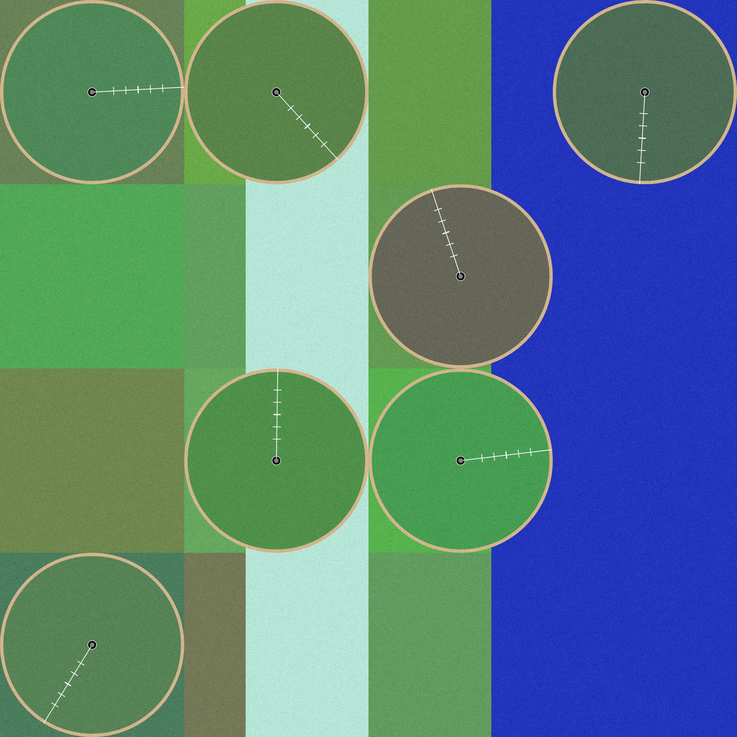 Theoretical Townships explores the tension between flatness and depth within aerial representations of landscape. The title references a well-known diagram, created in 1785, illustrating the method for numbering sections of a standard township survey. Mirroring the structure of this diagram, each output from Theoretical Townships is subdivided into a grid of sections, ranging from one to thirty-six. In addition to incorporating landscape elements, such as pivot irrigators, roads, and buildings, the code also overlays large blocks of color, which create associations with two-dimensional quilting patterns. Through this representational conflation of flatness and depth, the project reveals an inherent conflict between landscape and the grid: the former being an irregular, topographic continuum, and the latter operating as an abstract, geometrical device for measurement and control. Embedded within the tension between landscape and the grid is a complex set of relations regarding the history and politics of territorial expansion.