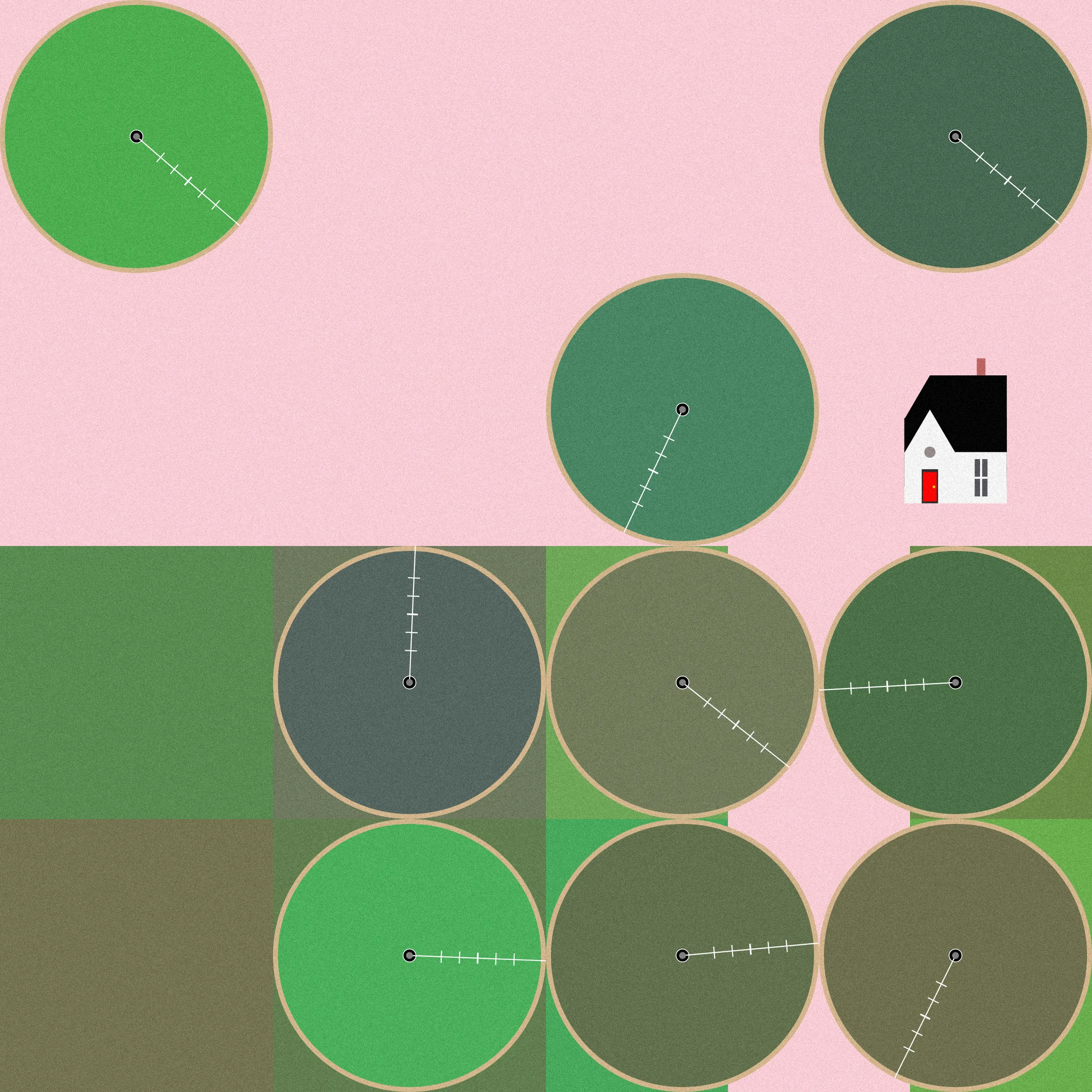 Theoretical Townships explores the tension between flatness and depth within aerial representations of landscape. The title references a well-known diagram, created in 1785, illustrating the method for numbering sections of a standard township survey. Mirroring the structure of this diagram, each output from Theoretical Townships is subdivided into a grid of sections, ranging from one to thirty-six. In addition to incorporating landscape elements, such as pivot irrigators, roads, and buildings, the code also overlays large blocks of color, which create associations with two-dimensional quilting patterns. Through this representational conflation of flatness and depth, the project reveals an inherent conflict between landscape and the grid: the former being an irregular, topographic continuum, and the latter operating as an abstract, geometrical device for measurement and control. Embedded within the tension between landscape and the grid is a complex set of relations regarding the history and politics of territorial expansion.