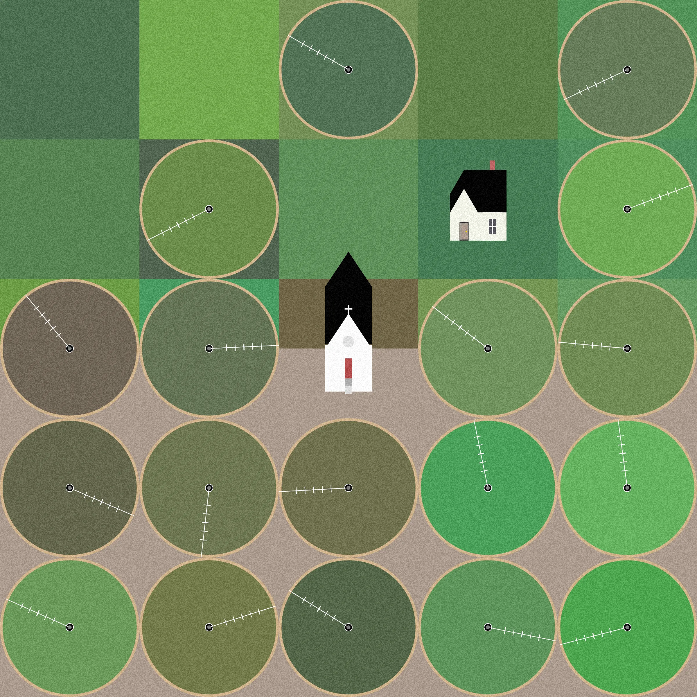 Theoretical Townships explores the tension between flatness and depth within aerial representations of landscape. The title references a well-known diagram, created in 1785, illustrating the method for numbering sections of a standard township survey. Mirroring the structure of this diagram, each output from Theoretical Townships is subdivided into a grid of sections, ranging from one to thirty-six. In addition to incorporating landscape elements, such as pivot irrigators, roads, and buildings, the code also overlays large blocks of color, which create associations with two-dimensional quilting patterns. Through this representational conflation of flatness and depth, the project reveals an inherent conflict between landscape and the grid: the former being an irregular, topographic continuum, and the latter operating as an abstract, geometrical device for measurement and control. Embedded within the tension between landscape and the grid is a complex set of relations regarding the history and politics of territorial expansion.