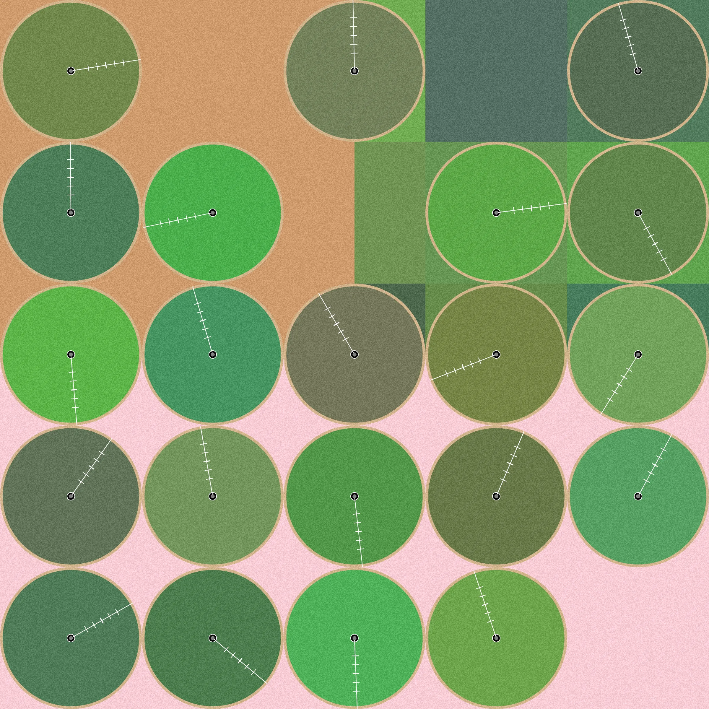 Theoretical Townships explores the tension between flatness and depth within aerial representations of landscape. The title references a well-known diagram, created in 1785, illustrating the method for numbering sections of a standard township survey. Mirroring the structure of this diagram, each output from Theoretical Townships is subdivided into a grid of sections, ranging from one to thirty-six. In addition to incorporating landscape elements, such as pivot irrigators, roads, and buildings, the code also overlays large blocks of color, which create associations with two-dimensional quilting patterns. Through this representational conflation of flatness and depth, the project reveals an inherent conflict between landscape and the grid: the former being an irregular, topographic continuum, and the latter operating as an abstract, geometrical device for measurement and control. Embedded within the tension between landscape and the grid is a complex set of relations regarding the history and politics of territorial expansion.