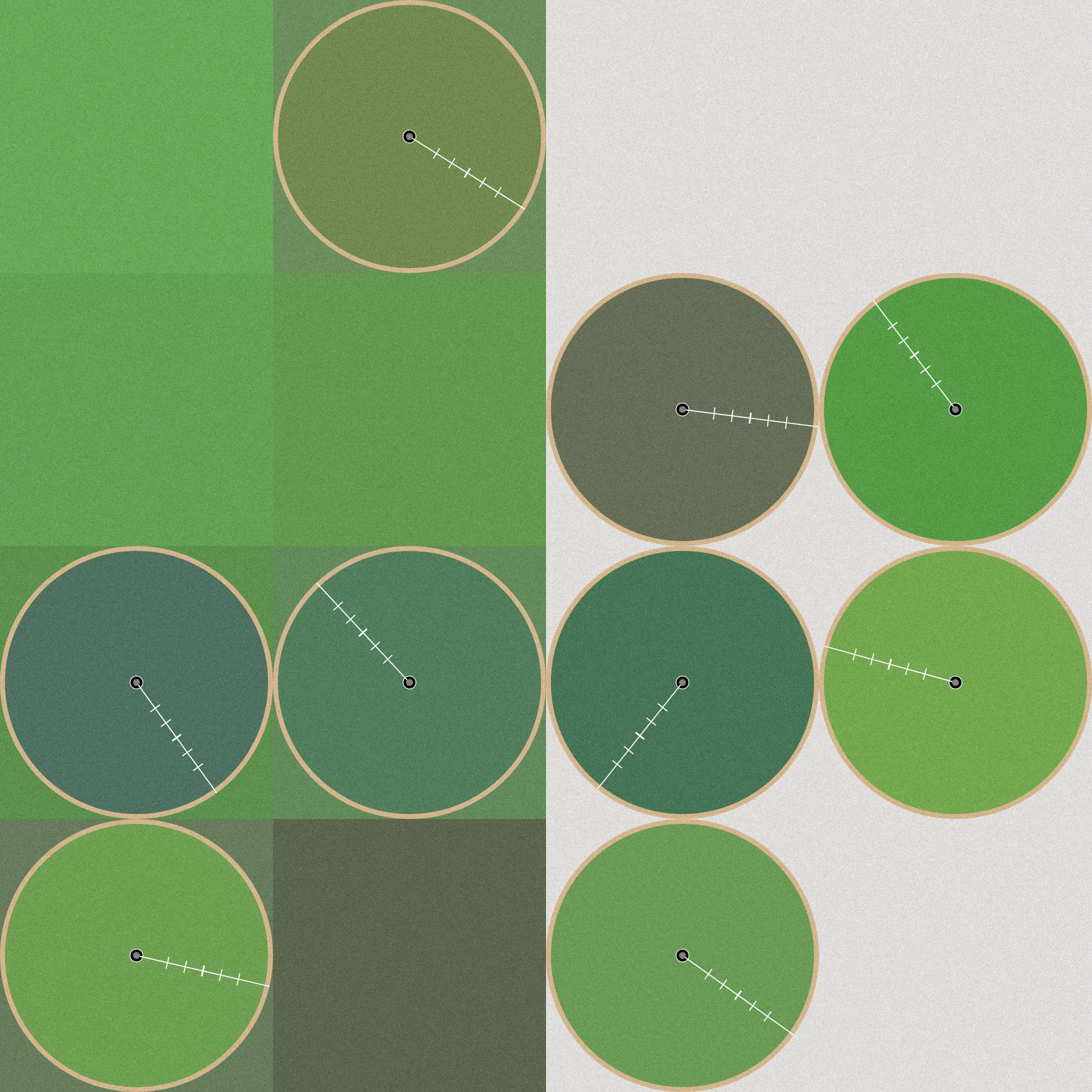 Theoretical Townships explores the tension between flatness and depth within aerial representations of landscape. The title references a well-known diagram, created in 1785, illustrating the method for numbering sections of a standard township survey. Mirroring the structure of this diagram, each output from Theoretical Townships is subdivided into a grid of sections, ranging from one to thirty-six. In addition to incorporating landscape elements, such as pivot irrigators, roads, and buildings, the code also overlays large blocks of color, which create associations with two-dimensional quilting patterns. Through this representational conflation of flatness and depth, the project reveals an inherent conflict between landscape and the grid: the former being an irregular, topographic continuum, and the latter operating as an abstract, geometrical device for measurement and control. Embedded within the tension between landscape and the grid is a complex set of relations regarding the history and politics of territorial expansion.