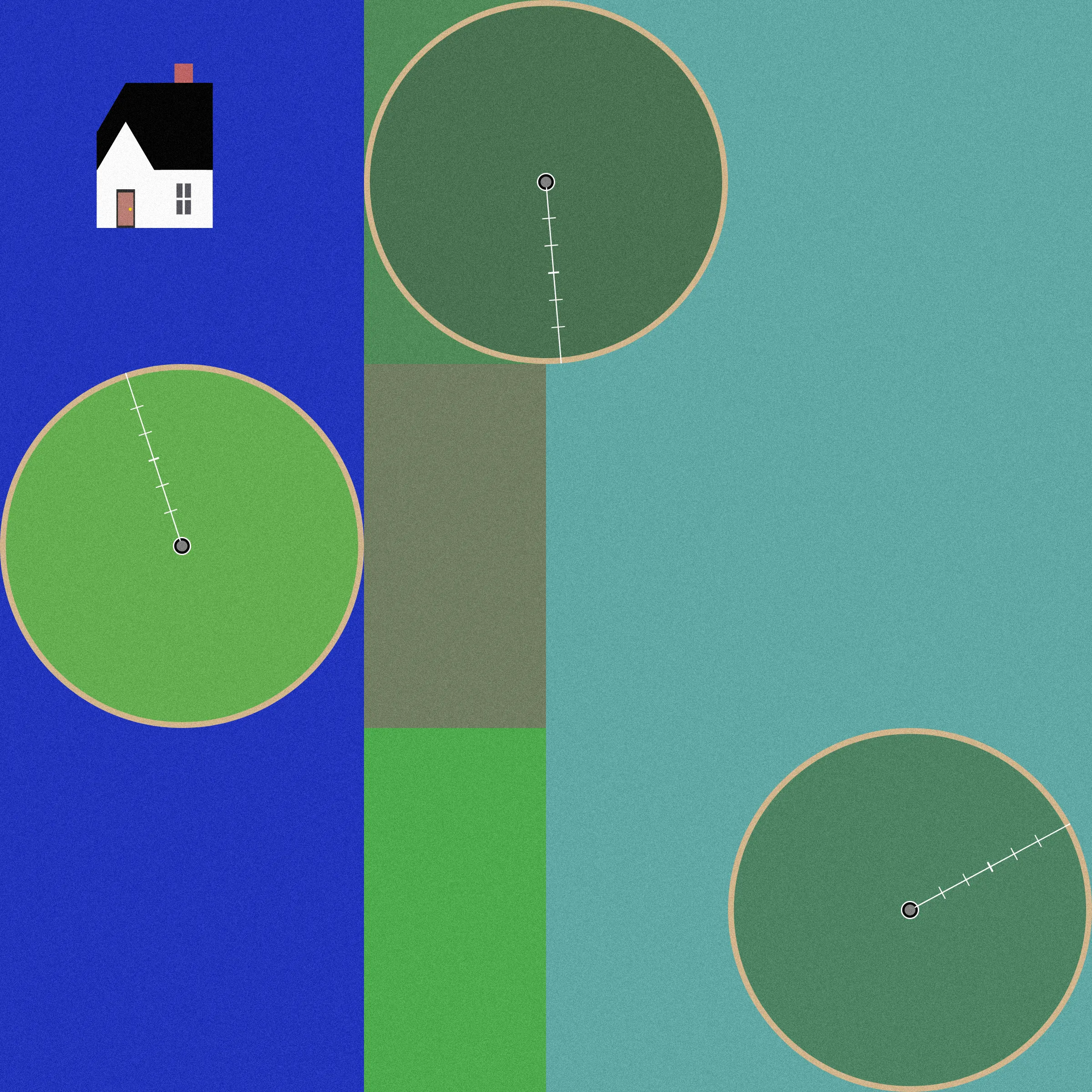 Theoretical Townships explores the tension between flatness and depth within aerial representations of landscape. The title references a well-known diagram, created in 1785, illustrating the method for numbering sections of a standard township survey. Mirroring the structure of this diagram, each output from Theoretical Townships is subdivided into a grid of sections, ranging from one to thirty-six. In addition to incorporating landscape elements, such as pivot irrigators, roads, and buildings, the code also overlays large blocks of color, which create associations with two-dimensional quilting patterns. Through this representational conflation of flatness and depth, the project reveals an inherent conflict between landscape and the grid: the former being an irregular, topographic continuum, and the latter operating as an abstract, geometrical device for measurement and control. Embedded within the tension between landscape and the grid is a complex set of relations regarding the history and politics of territorial expansion.