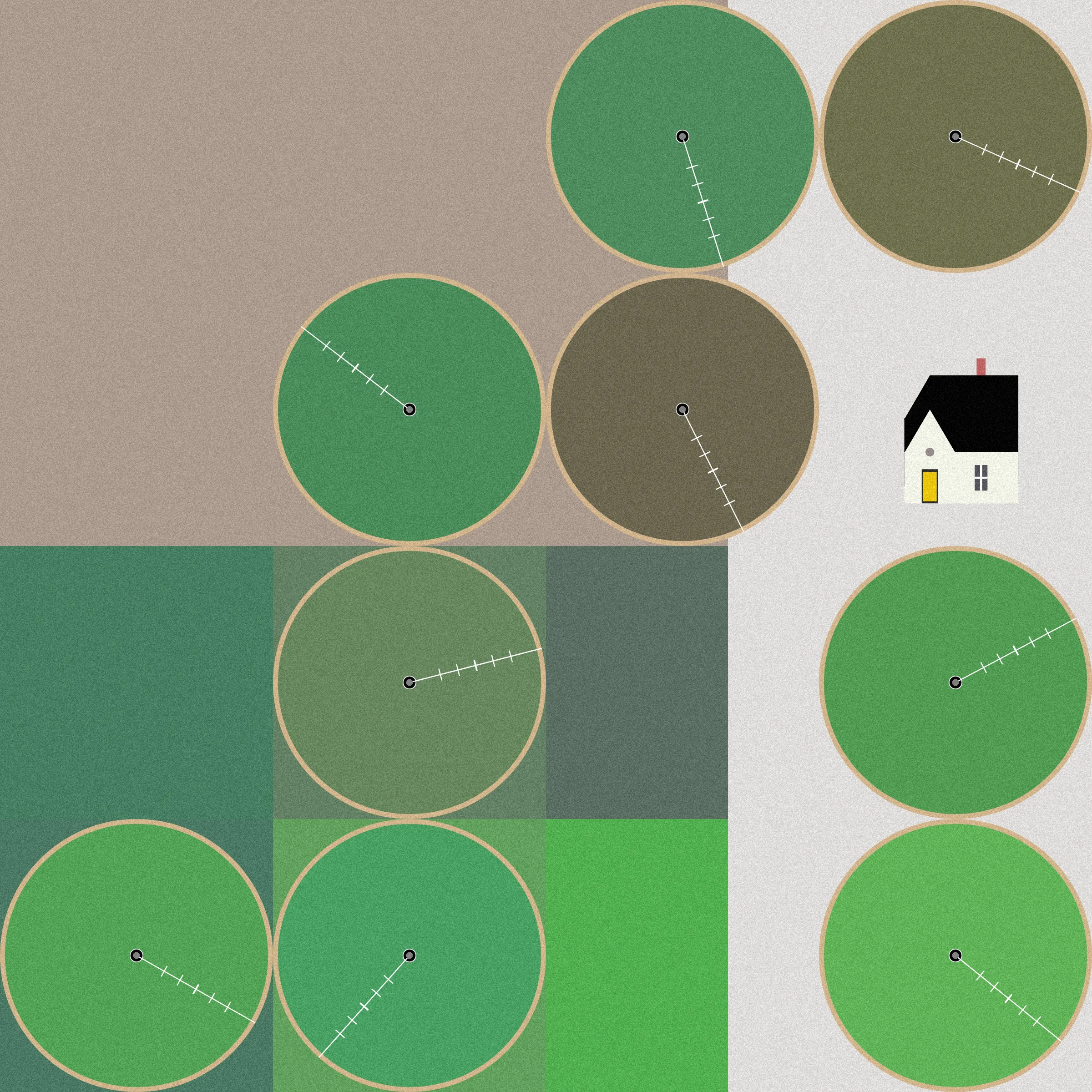 Theoretical Townships explores the tension between flatness and depth within aerial representations of landscape. The title references a well-known diagram, created in 1785, illustrating the method for numbering sections of a standard township survey. Mirroring the structure of this diagram, each output from Theoretical Townships is subdivided into a grid of sections, ranging from one to thirty-six. In addition to incorporating landscape elements, such as pivot irrigators, roads, and buildings, the code also overlays large blocks of color, which create associations with two-dimensional quilting patterns. Through this representational conflation of flatness and depth, the project reveals an inherent conflict between landscape and the grid: the former being an irregular, topographic continuum, and the latter operating as an abstract, geometrical device for measurement and control. Embedded within the tension between landscape and the grid is a complex set of relations regarding the history and politics of territorial expansion.