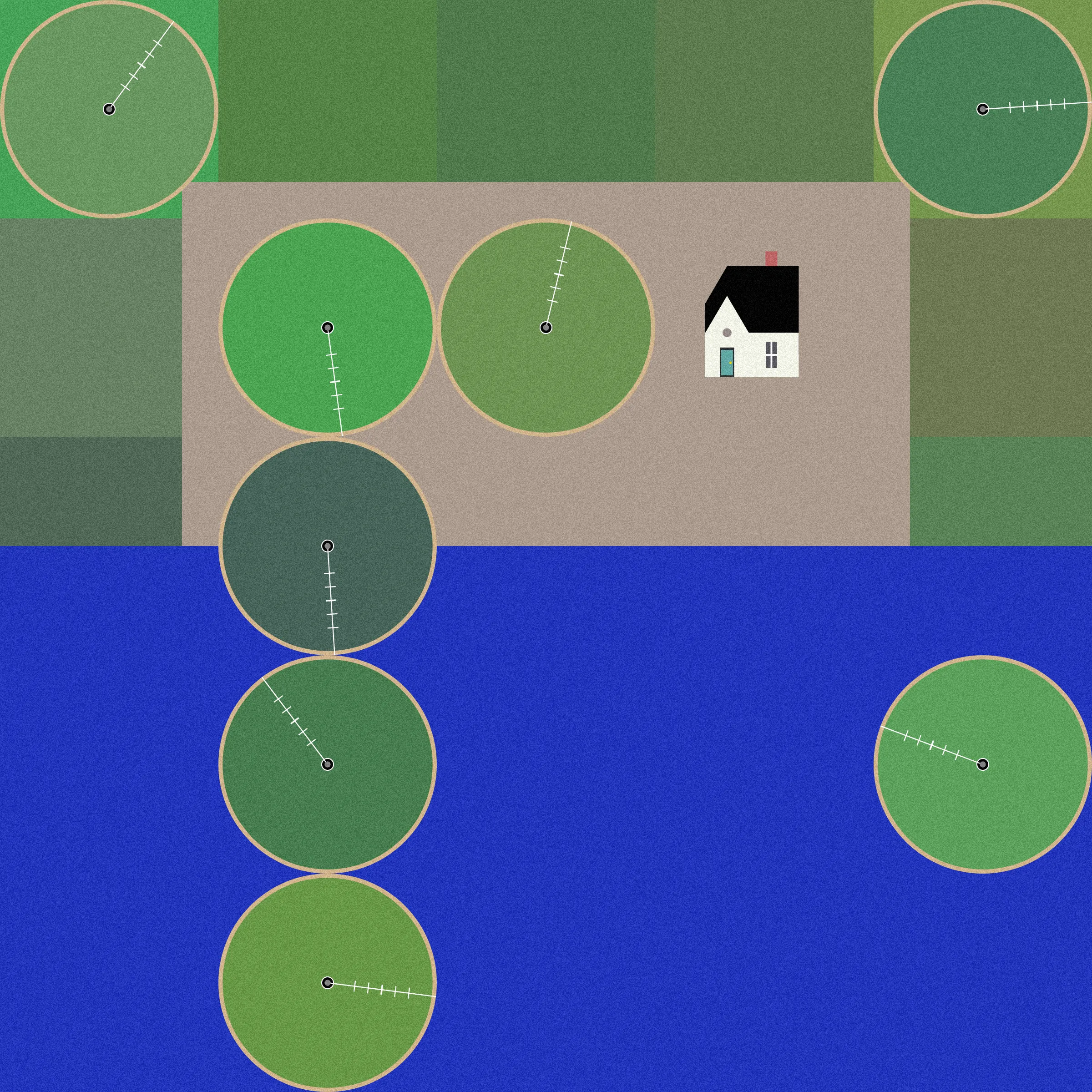 Theoretical Townships explores the tension between flatness and depth within aerial representations of landscape. The title references a well-known diagram, created in 1785, illustrating the method for numbering sections of a standard township survey. Mirroring the structure of this diagram, each output from Theoretical Townships is subdivided into a grid of sections, ranging from one to thirty-six. In addition to incorporating landscape elements, such as pivot irrigators, roads, and buildings, the code also overlays large blocks of color, which create associations with two-dimensional quilting patterns. Through this representational conflation of flatness and depth, the project reveals an inherent conflict between landscape and the grid: the former being an irregular, topographic continuum, and the latter operating as an abstract, geometrical device for measurement and control. Embedded within the tension between landscape and the grid is a complex set of relations regarding the history and politics of territorial expansion.