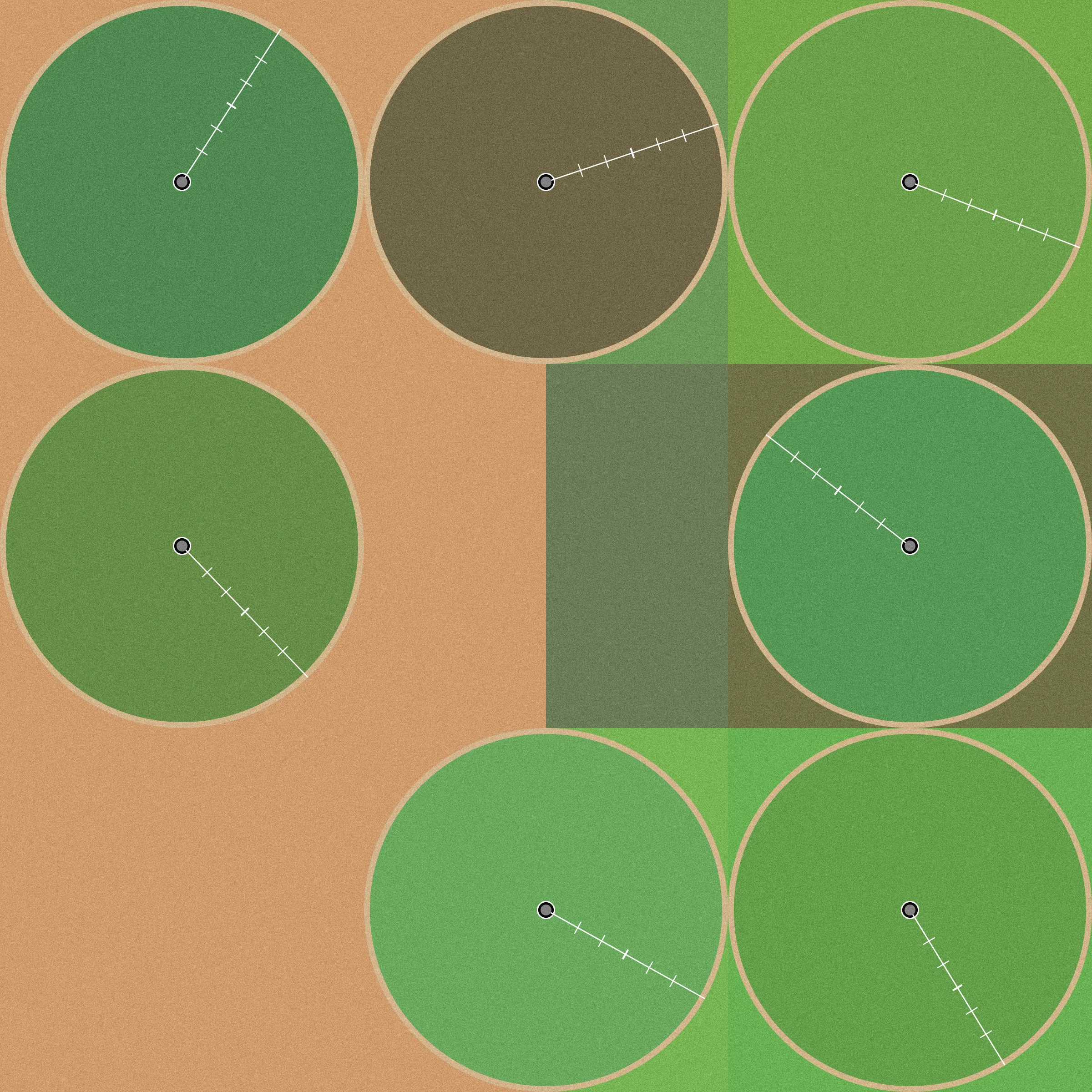 Theoretical Townships explores the tension between flatness and depth within aerial representations of landscape. The title references a well-known diagram, created in 1785, illustrating the method for numbering sections of a standard township survey. Mirroring the structure of this diagram, each output from Theoretical Townships is subdivided into a grid of sections, ranging from one to thirty-six. In addition to incorporating landscape elements, such as pivot irrigators, roads, and buildings, the code also overlays large blocks of color, which create associations with two-dimensional quilting patterns. Through this representational conflation of flatness and depth, the project reveals an inherent conflict between landscape and the grid: the former being an irregular, topographic continuum, and the latter operating as an abstract, geometrical device for measurement and control. Embedded within the tension between landscape and the grid is a complex set of relations regarding the history and politics of territorial expansion.
