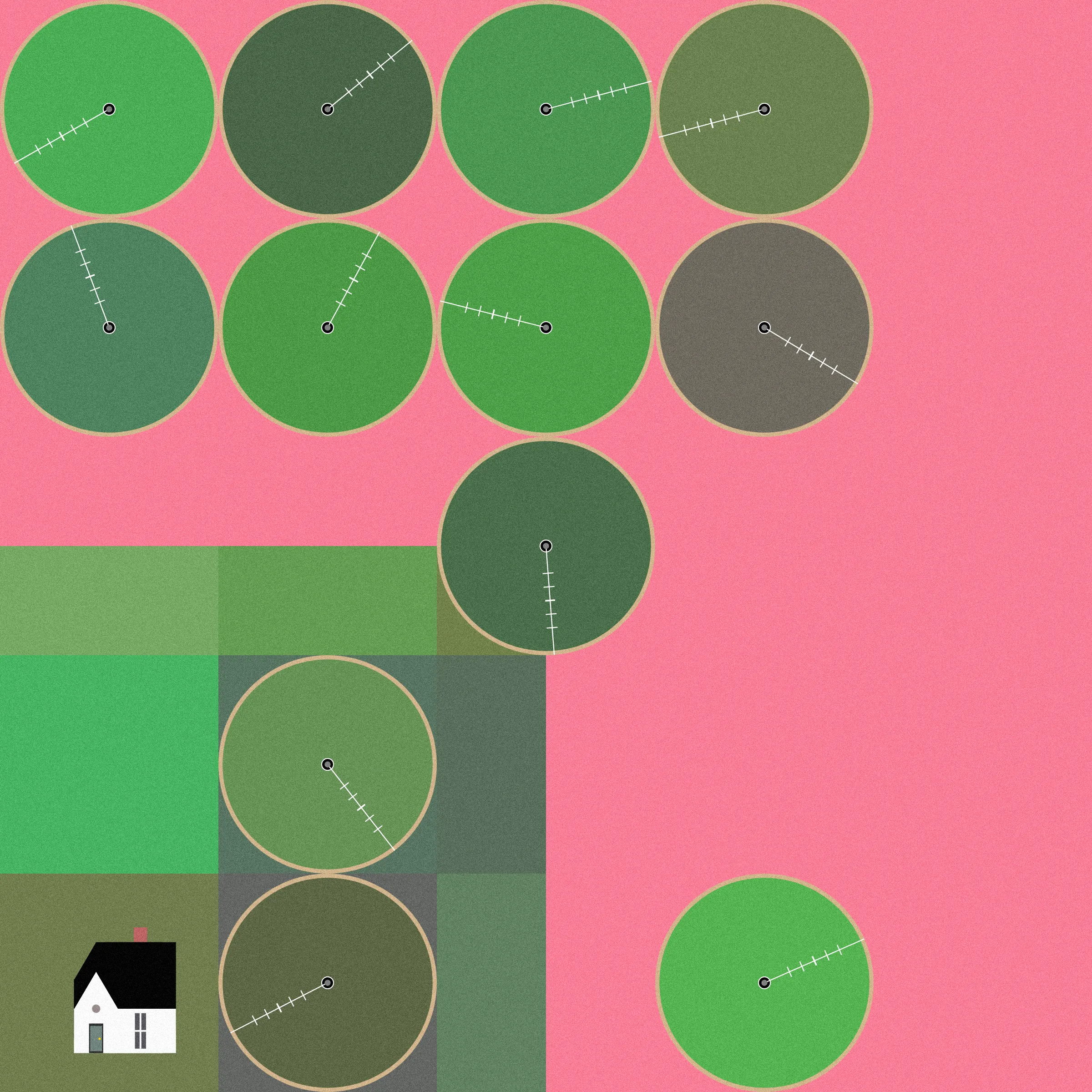 Theoretical Townships explores the tension between flatness and depth within aerial representations of landscape. The title references a well-known diagram, created in 1785, illustrating the method for numbering sections of a standard township survey. Mirroring the structure of this diagram, each output from Theoretical Townships is subdivided into a grid of sections, ranging from one to thirty-six. In addition to incorporating landscape elements, such as pivot irrigators, roads, and buildings, the code also overlays large blocks of color, which create associations with two-dimensional quilting patterns. Through this representational conflation of flatness and depth, the project reveals an inherent conflict between landscape and the grid: the former being an irregular, topographic continuum, and the latter operating as an abstract, geometrical device for measurement and control. Embedded within the tension between landscape and the grid is a complex set of relations regarding the history and politics of territorial expansion.