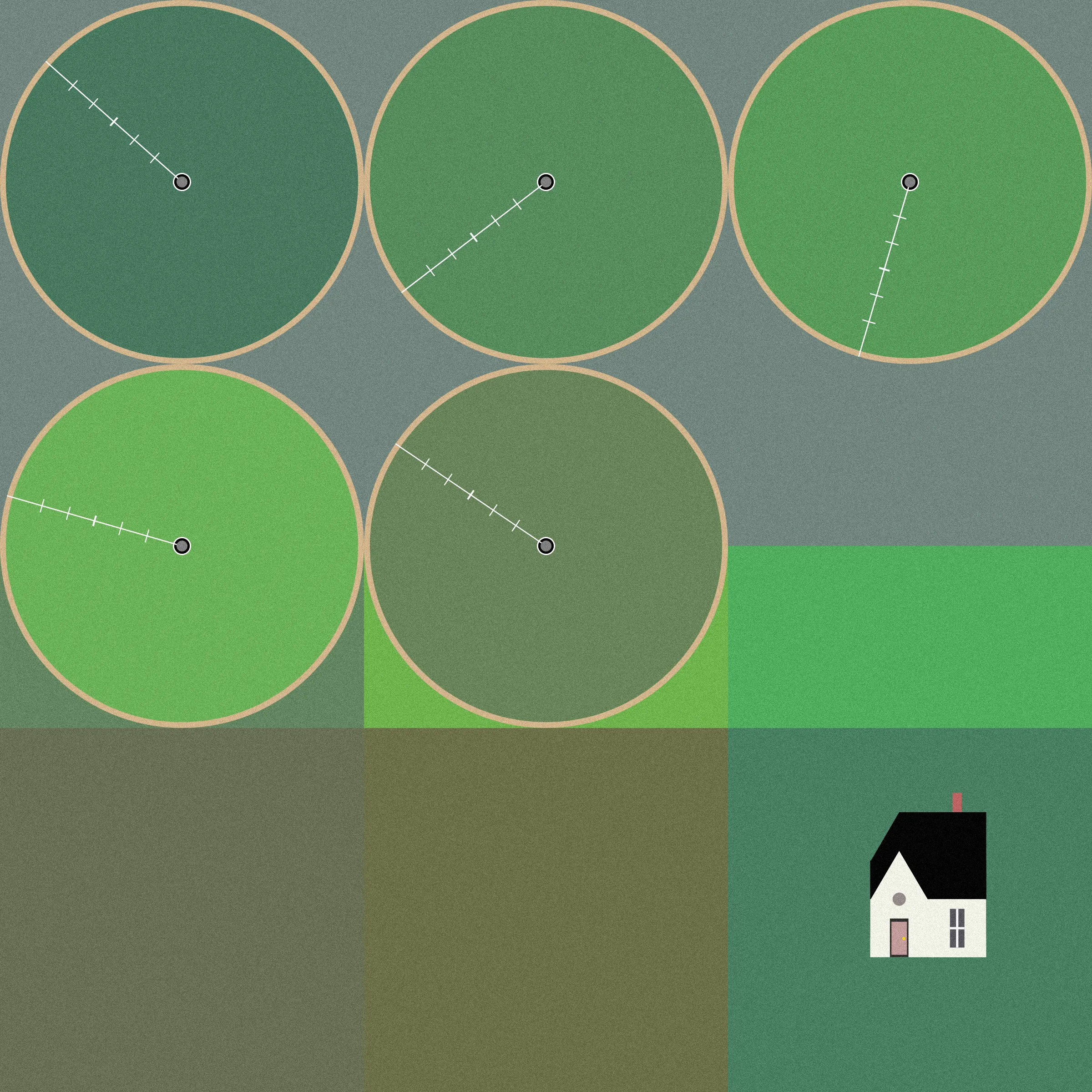 Theoretical Townships explores the tension between flatness and depth within aerial representations of landscape. The title references a well-known diagram, created in 1785, illustrating the method for numbering sections of a standard township survey. Mirroring the structure of this diagram, each output from Theoretical Townships is subdivided into a grid of sections, ranging from one to thirty-six. In addition to incorporating landscape elements, such as pivot irrigators, roads, and buildings, the code also overlays large blocks of color, which create associations with two-dimensional quilting patterns. Through this representational conflation of flatness and depth, the project reveals an inherent conflict between landscape and the grid: the former being an irregular, topographic continuum, and the latter operating as an abstract, geometrical device for measurement and control. Embedded within the tension between landscape and the grid is a complex set of relations regarding the history and politics of territorial expansion.