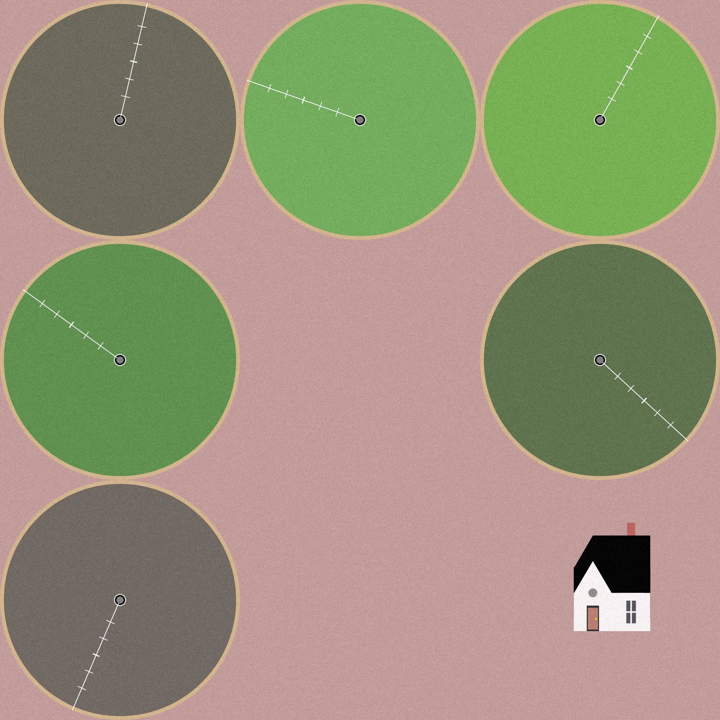 Theoretical Townships explores the tension between flatness and depth within aerial representations of landscape. The title references a well-known diagram, created in 1785, illustrating the method for numbering sections of a standard township survey. Mirroring the structure of this diagram, each output from Theoretical Townships is subdivided into a grid of sections, ranging from one to thirty-six. In addition to incorporating landscape elements, such as pivot irrigators, roads, and buildings, the code also overlays large blocks of color, which create associations with two-dimensional quilting patterns. Through this representational conflation of flatness and depth, the project reveals an inherent conflict between landscape and the grid: the former being an irregular, topographic continuum, and the latter operating as an abstract, geometrical device for measurement and control. Embedded within the tension between landscape and the grid is a complex set of relations regarding the history and politics of territorial expansion.