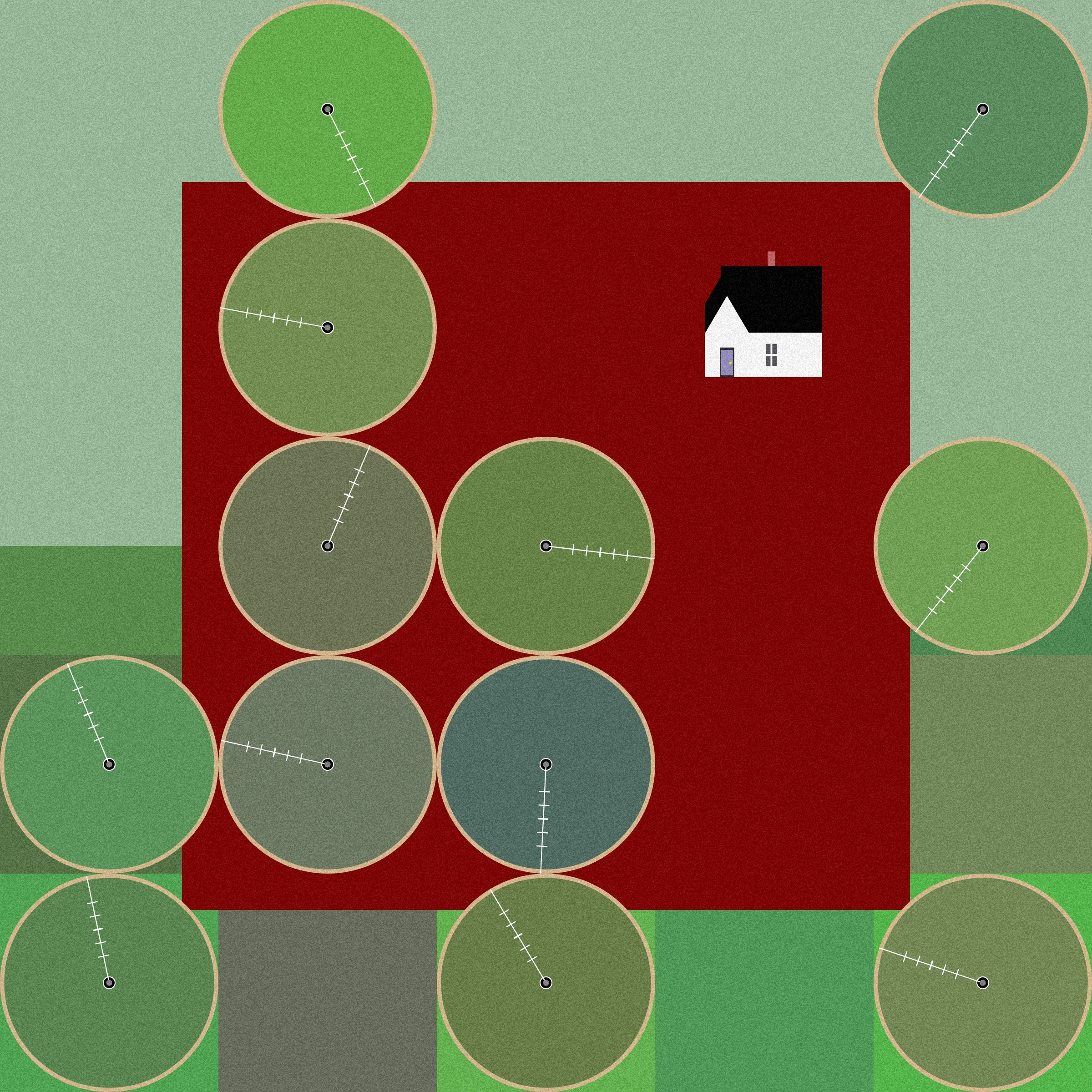 Theoretical Townships explores the tension between flatness and depth within aerial representations of landscape. The title references a well-known diagram, created in 1785, illustrating the method for numbering sections of a standard township survey. Mirroring the structure of this diagram, each output from Theoretical Townships is subdivided into a grid of sections, ranging from one to thirty-six. In addition to incorporating landscape elements, such as pivot irrigators, roads, and buildings, the code also overlays large blocks of color, which create associations with two-dimensional quilting patterns. Through this representational conflation of flatness and depth, the project reveals an inherent conflict between landscape and the grid: the former being an irregular, topographic continuum, and the latter operating as an abstract, geometrical device for measurement and control. Embedded within the tension between landscape and the grid is a complex set of relations regarding the history and politics of territorial expansion.