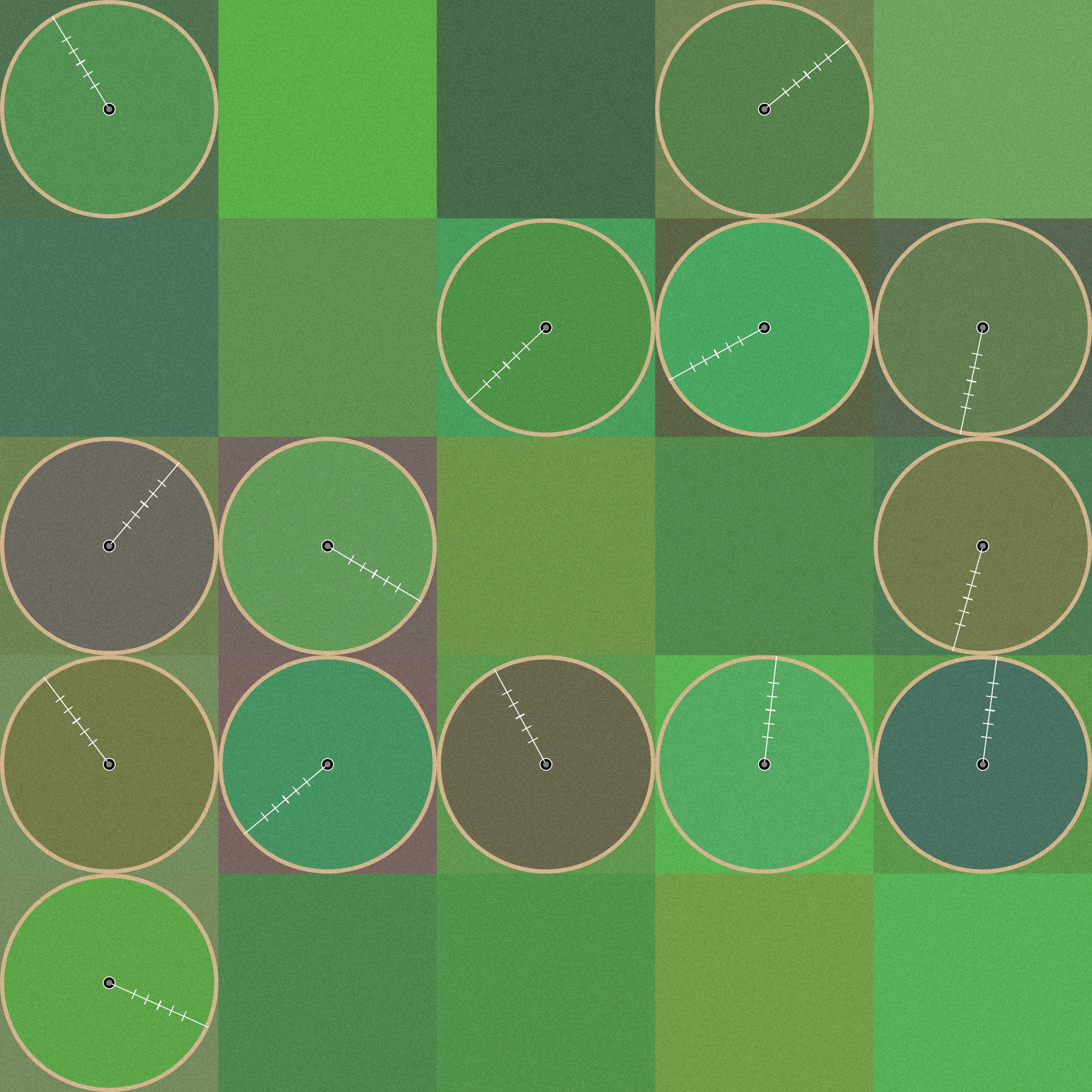 Theoretical Townships explores the tension between flatness and depth within aerial representations of landscape. The title references a well-known diagram, created in 1785, illustrating the method for numbering sections of a standard township survey. Mirroring the structure of this diagram, each output from Theoretical Townships is subdivided into a grid of sections, ranging from one to thirty-six. In addition to incorporating landscape elements, such as pivot irrigators, roads, and buildings, the code also overlays large blocks of color, which create associations with two-dimensional quilting patterns. Through this representational conflation of flatness and depth, the project reveals an inherent conflict between landscape and the grid: the former being an irregular, topographic continuum, and the latter operating as an abstract, geometrical device for measurement and control. Embedded within the tension between landscape and the grid is a complex set of relations regarding the history and politics of territorial expansion.