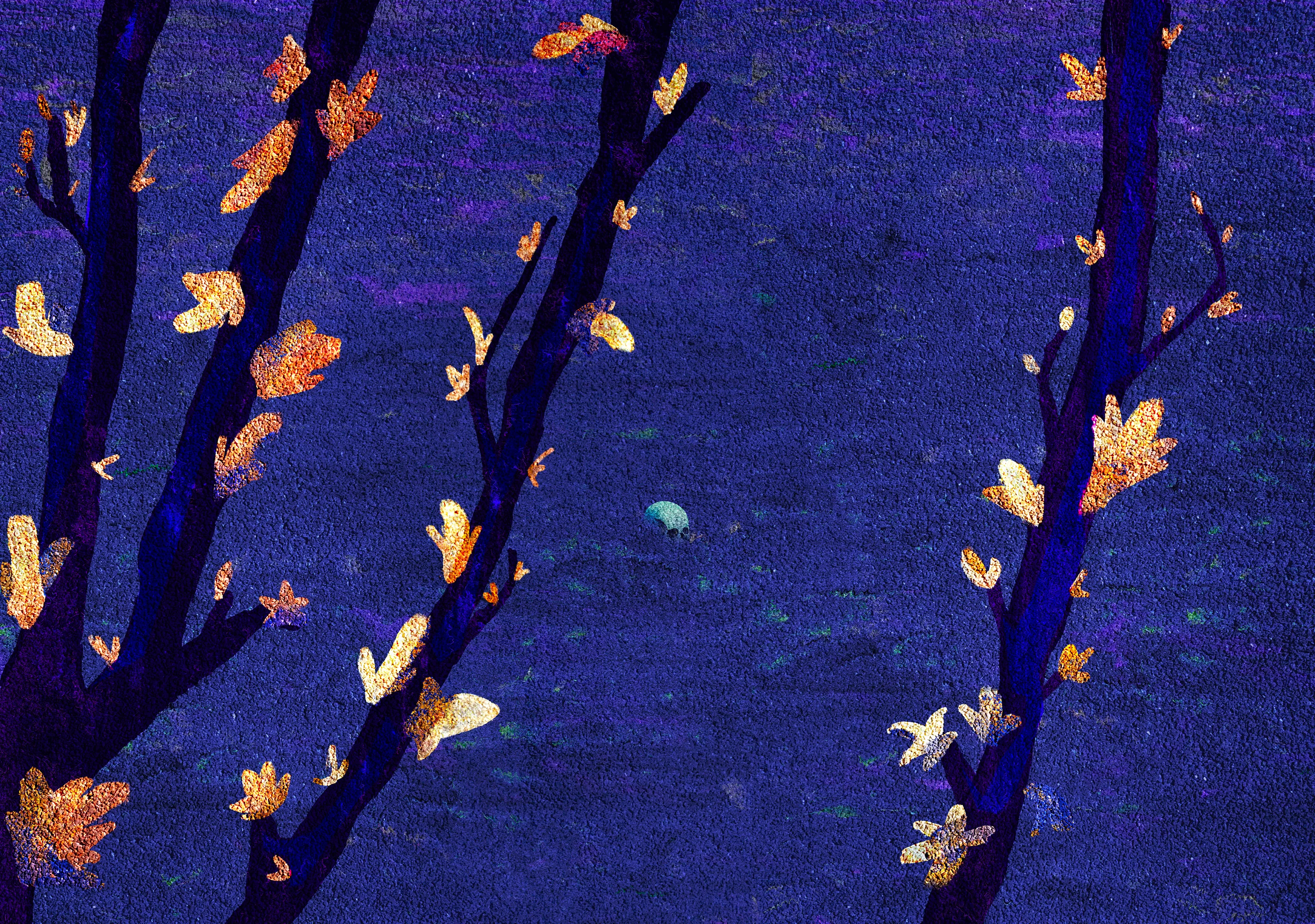 As the journey goes on, the halo of death sinks, fading from a harsh glow to a quiet shadow beneath the surface. A golden blossom emerges, delicate yet resilient, growing from the very ground shaped by our grief—softening the path as we move forward.