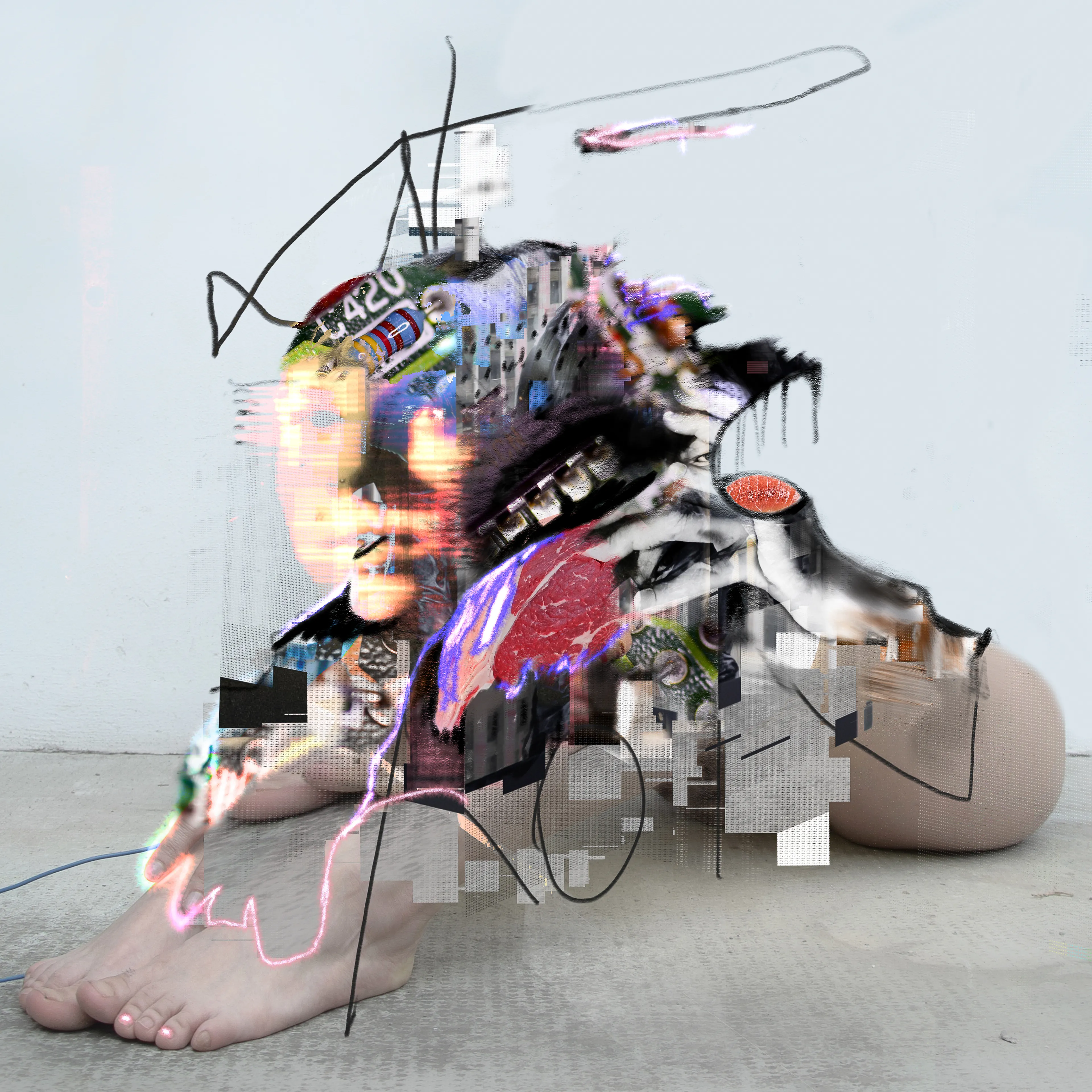 Digital intervention on jpg.
File erosion, photo fragments, phone memory data,
AI result portions, internet images clippings,
tiff databending scraps, digital painting.