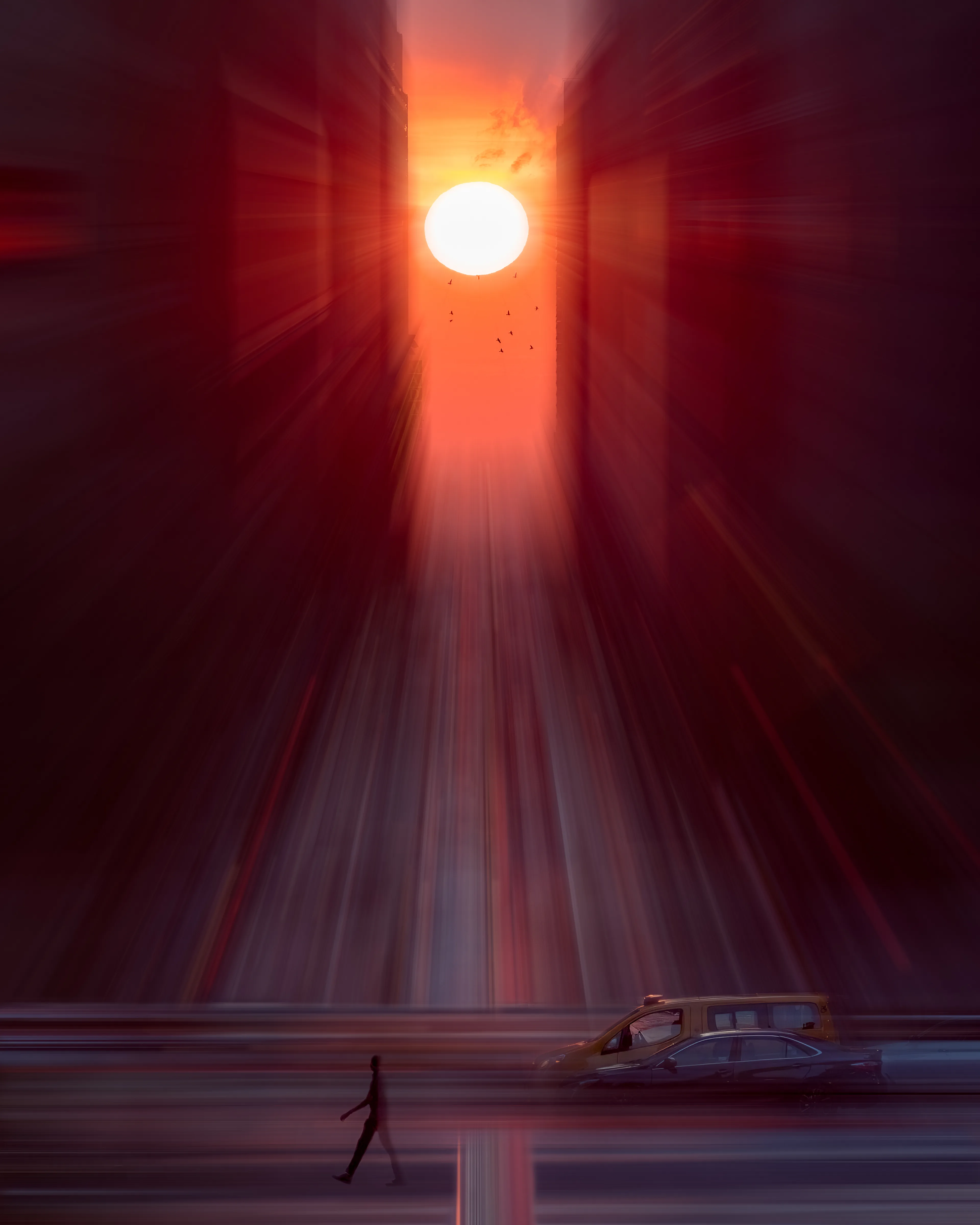 For about two months during the spring and summer, the sun traverses the cross streets at or around sunset. 4 days of the year the sun either sits on the horizon directly in the middle of 42nd St (seen here) or is bisected by the horizon. This was dubbed Manhattanhenge. The city always knows when these days are approaching, and at the last second, throngs of people stop to witness this fleeting moment.