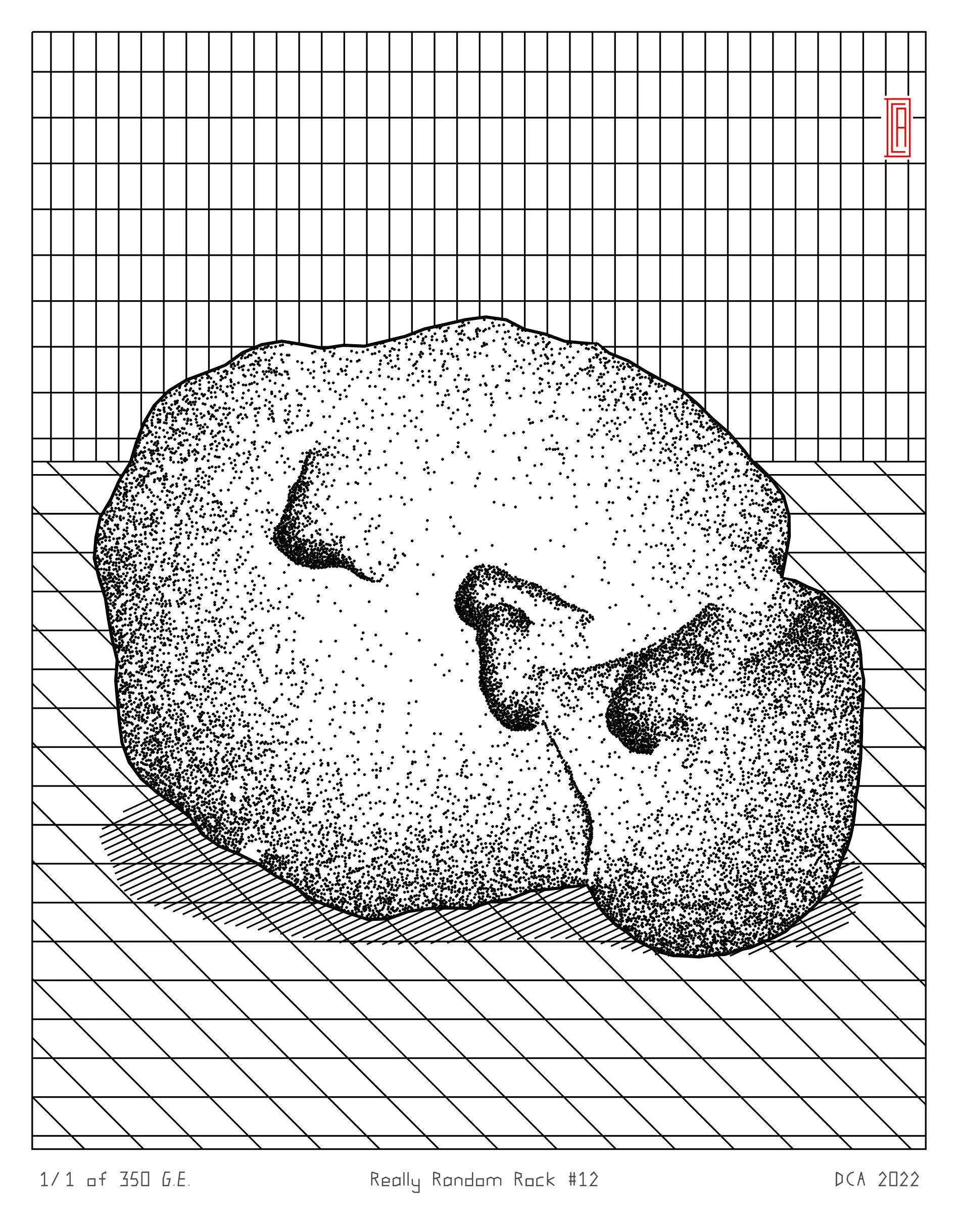 A project about nature and algorithm. It's easy to enjoy the randomness of a rock. Inspired by East Asian stone collecting, Really Random Rock brings a collection of 350 unique and unexpected viewing stones that generate from the random output of a hash string. Each rock is fully plottable and derives its form from a closed-loop shape expansion algorithm that makes countless calls to a random function. Through the very nature of randomness, resulting forms may occasionally resemble familiar things such as faces, animals, or landscapes. These results are purely coincidental and are celebrated as chance occurrences ...for this is the very essence of stone viewing and appreciation.
A plotting guide is available at the website above. ***Render times vary***