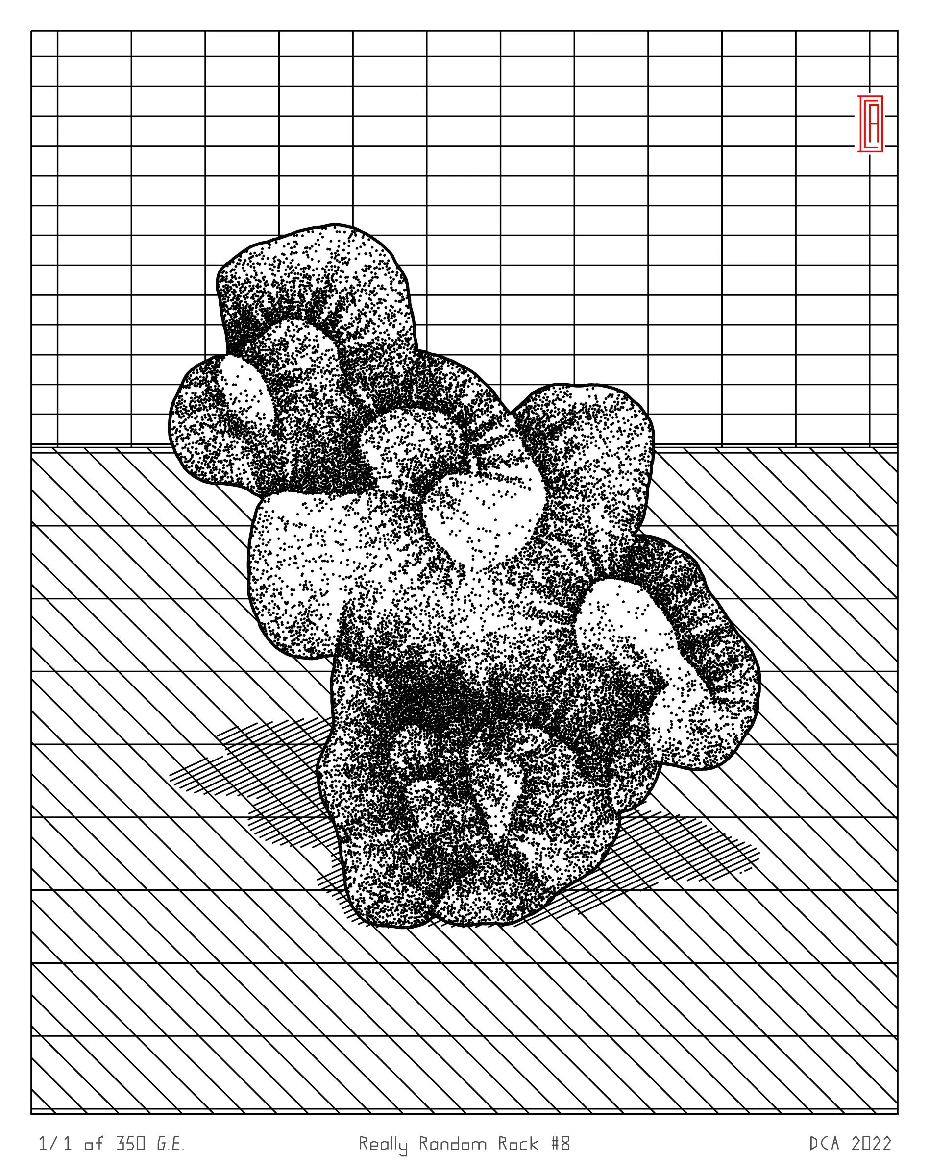 A project about nature and algorithm. It's easy to enjoy the randomness of a rock. Inspired by East Asian stone collecting, Really Random Rock brings a collection of 350 unique and unexpected viewing stones that generate from the random output of a hash string. Each rock is fully plottable and derives its form from a closed-loop shape expansion algorithm that makes countless calls to a random function. Through the very nature of randomness, resulting forms may occasionally resemble familiar things such as faces, animals, or landscapes. These results are purely coincidental and are celebrated as chance occurrences ...for this is the very essence of stone viewing and appreciation.
A plotting guide is available at the website above. ***Render times vary***