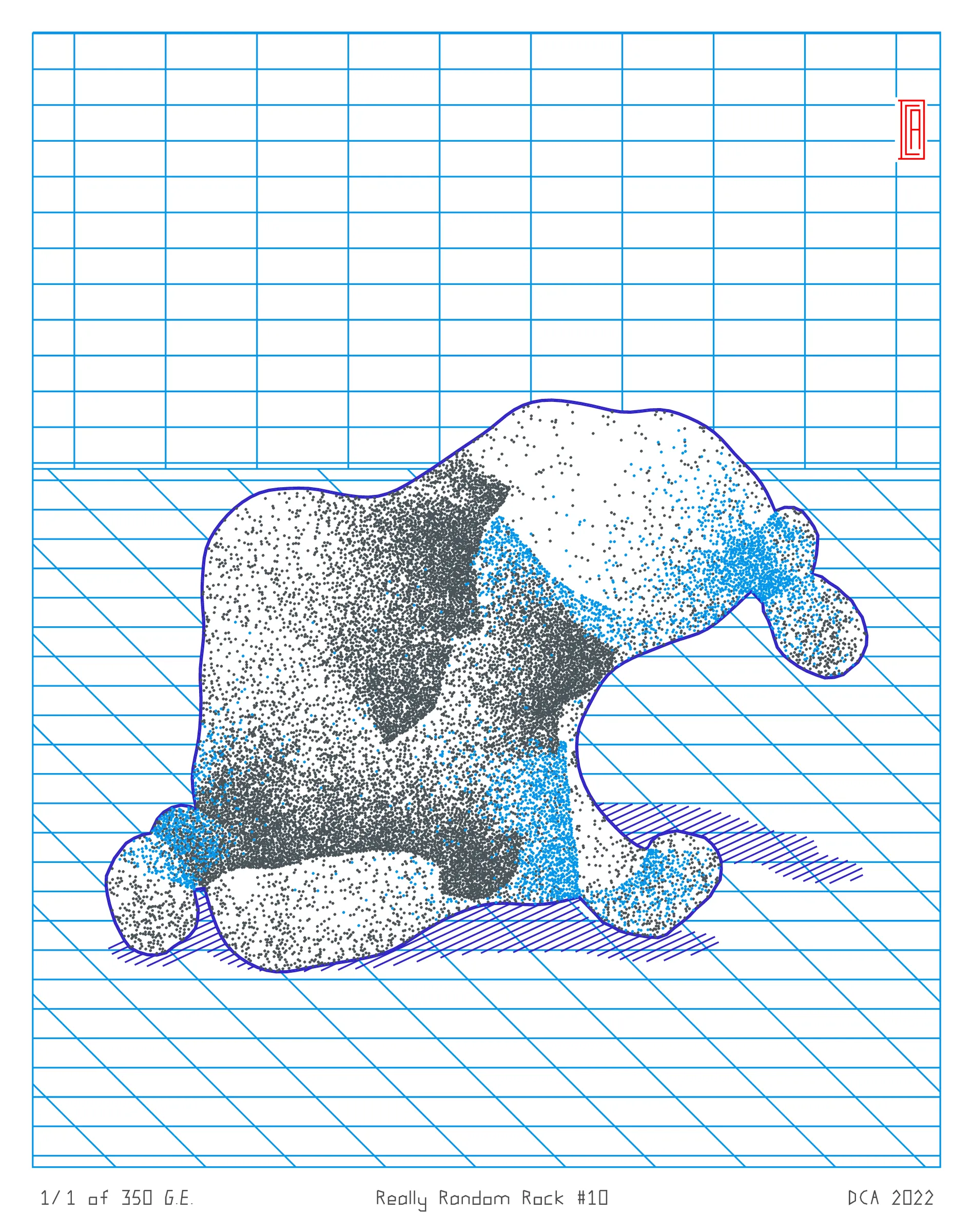 A project about nature and algorithm. It's easy to enjoy the randomness of a rock. Inspired by East Asian stone collecting, Really Random Rock brings a collection of 350 unique and unexpected viewing stones that generate from the random output of a hash string. Each rock is fully plottable and derives its form from a closed-loop shape expansion algorithm that makes countless calls to a random function. Through the very nature of randomness, resulting forms may occasionally resemble familiar things such as faces, animals, or landscapes. These results are purely coincidental and are celebrated as chance occurrences ...for this is the very essence of stone viewing and appreciation.
A plotting guide is available at the website above. ***Render times vary***