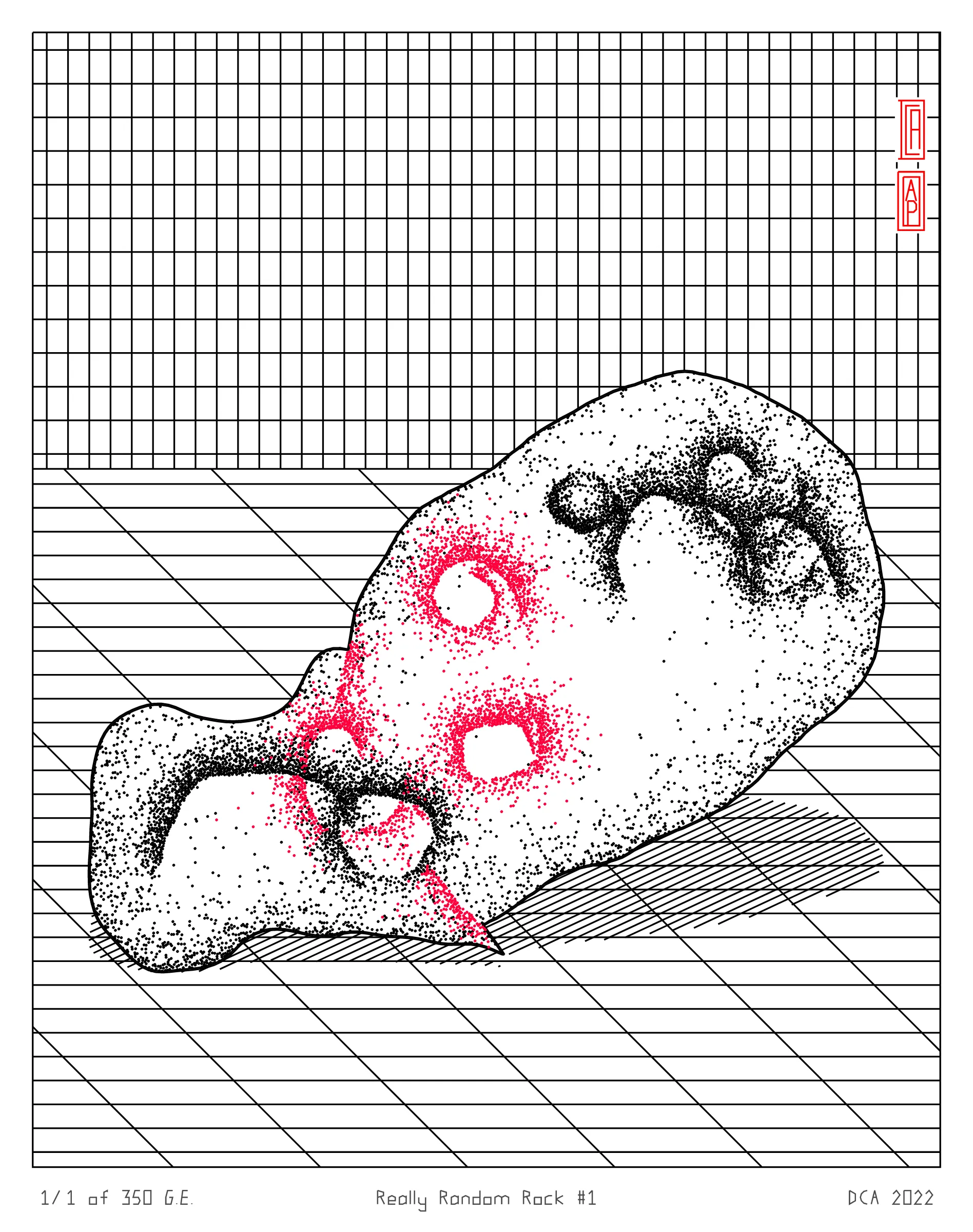 A project about nature and algorithm. It's easy to enjoy the randomness of a rock. Inspired by East Asian stone collecting, Really Random Rock brings a collection of 350 unique and unexpected viewing stones that generate from the random output of a hash string. Each rock is fully plottable and derives its form from a closed-loop shape expansion algorithm that makes countless calls to a random function. Through the very nature of randomness, resulting forms may occasionally resemble familiar things such as faces, animals, or landscapes. These results are purely coincidental and are celebrated as chance occurrences ...for this is the very essence of stone viewing and appreciation.
A plotting guide is available at the website above. ***Render times vary***