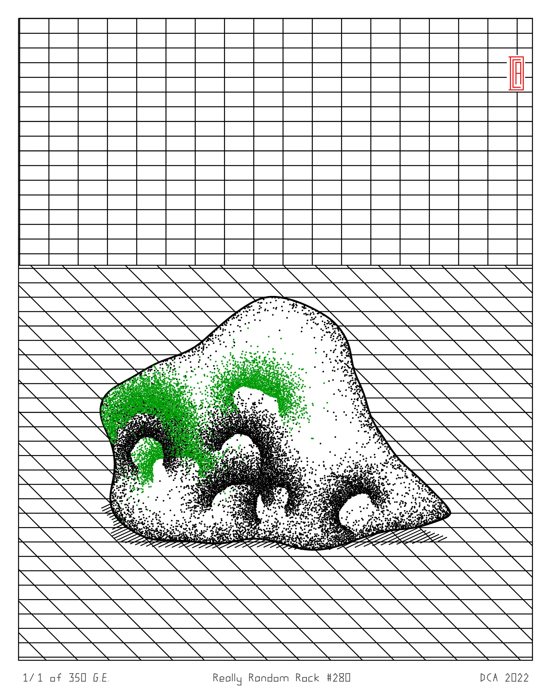 A project about nature and algorithm. It's easy to enjoy the randomness of a rock. Inspired by East Asian stone collecting, Really Random Rock brings a collection of 350 unique and unexpected viewing stones that generate from the random output of a hash string. Each rock is fully plottable and derives its form from a closed-loop shape expansion algorithm that makes countless calls to a random function. Through the very nature of randomness, resulting forms may occasionally resemble familiar things such as faces, animals, or landscapes. These results are purely coincidental and are celebrated as chance occurrences ...for this is the very essence of stone viewing and appreciation.
A plotting guide is available at the website above. ***Render times vary***