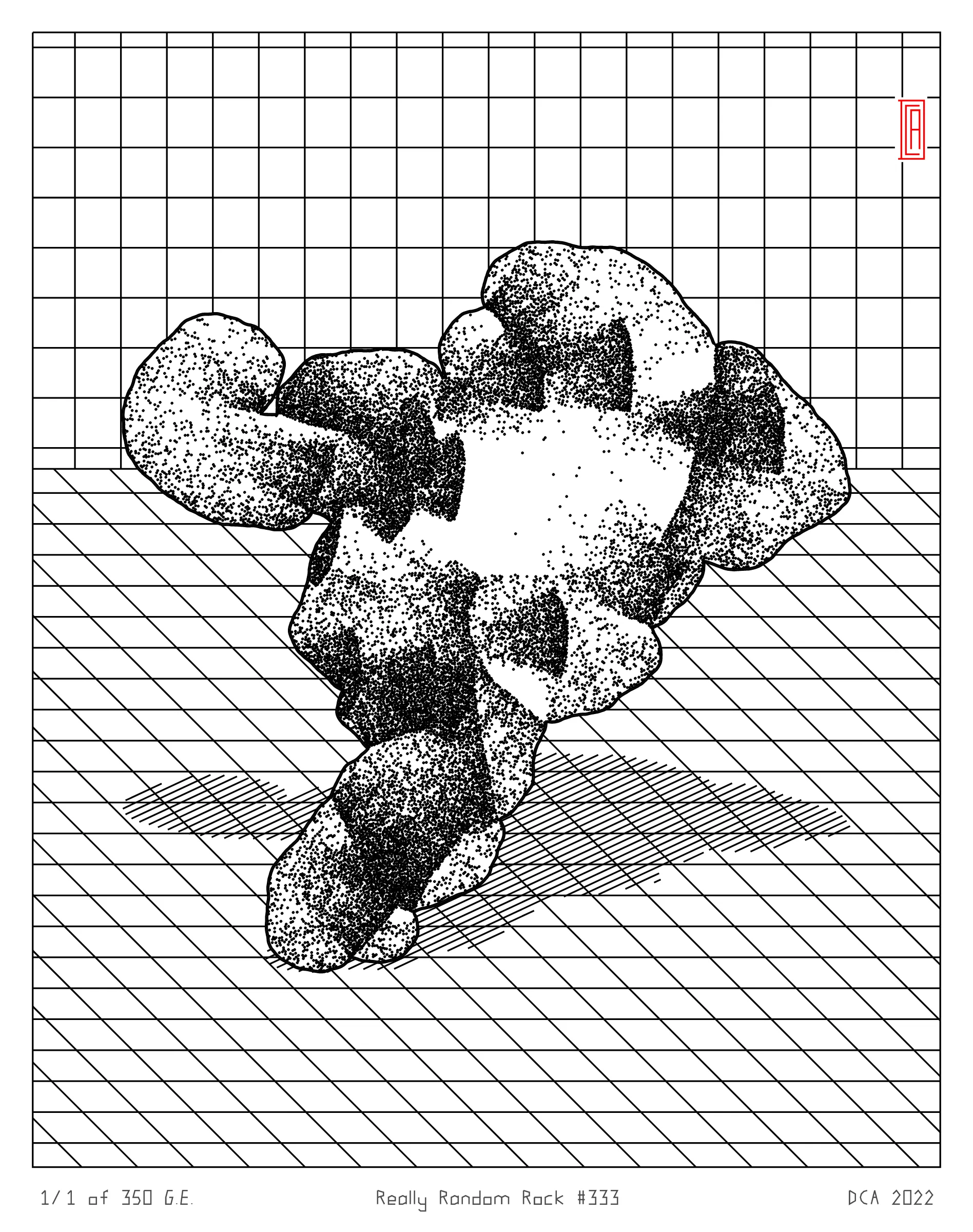 A project about nature and algorithm. It's easy to enjoy the randomness of a rock. Inspired by East Asian stone collecting, Really Random Rock brings a collection of 350 unique and unexpected viewing stones that generate from the random output of a hash string. Each rock is fully plottable and derives its form from a closed-loop shape expansion algorithm that makes countless calls to a random function. Through the very nature of randomness, resulting forms may occasionally resemble familiar things such as faces, animals, or landscapes. These results are purely coincidental and are celebrated as chance occurrences ...for this is the very essence of stone viewing and appreciation.
A plotting guide is available at the website above. ***Render times vary***