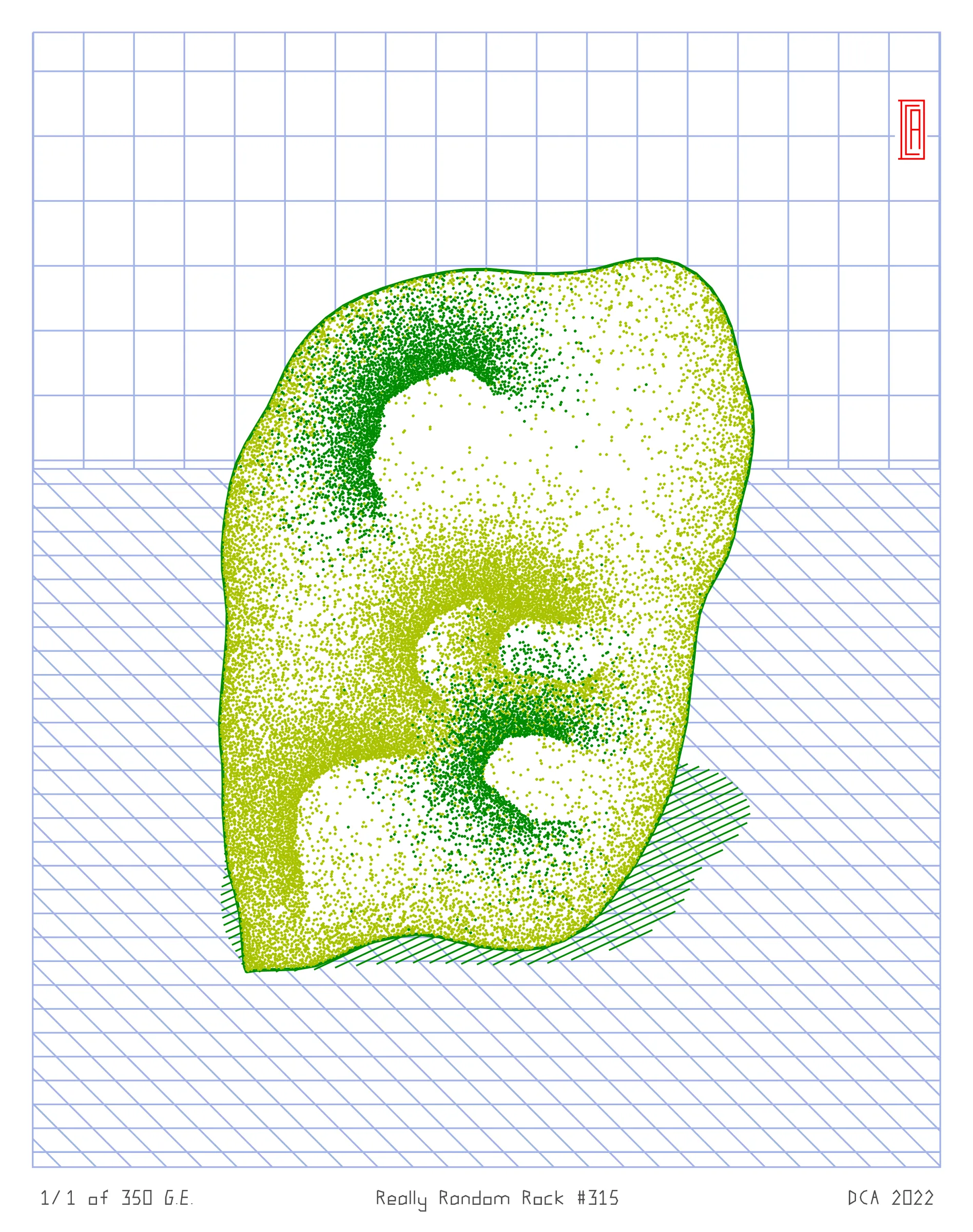 A project about nature and algorithm. It's easy to enjoy the randomness of a rock. Inspired by East Asian stone collecting, Really Random Rock brings a collection of 350 unique and unexpected viewing stones that generate from the random output of a hash string. Each rock is fully plottable and derives its form from a closed-loop shape expansion algorithm that makes countless calls to a random function. Through the very nature of randomness, resulting forms may occasionally resemble familiar things such as faces, animals, or landscapes. These results are purely coincidental and are celebrated as chance occurrences ...for this is the very essence of stone viewing and appreciation.
A plotting guide is available at the website above. ***Render times vary***