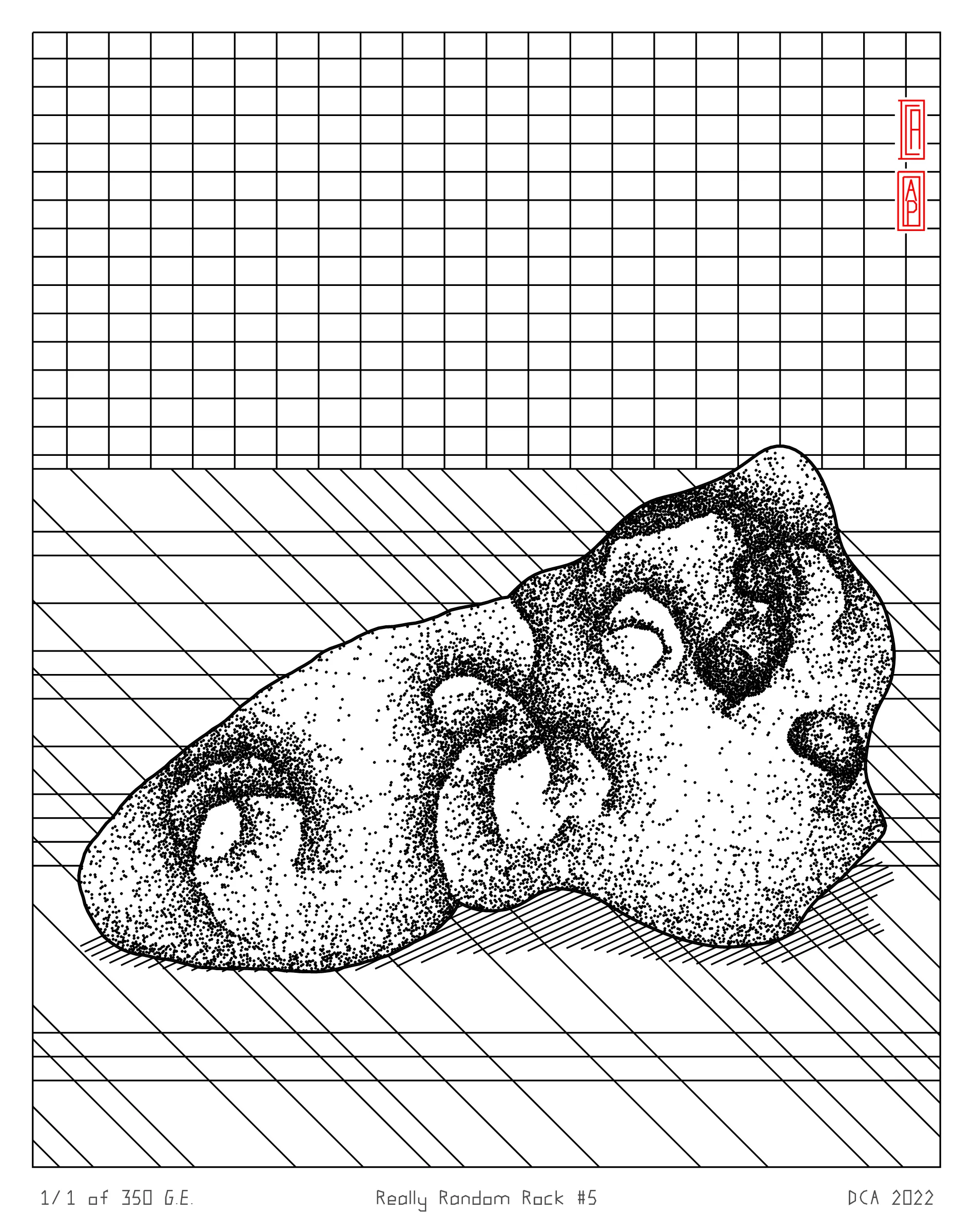 A project about nature and algorithm. It's easy to enjoy the randomness of a rock. Inspired by East Asian stone collecting, Really Random Rock brings a collection of 350 unique and unexpected viewing stones that generate from the random output of a hash string. Each rock is fully plottable and derives its form from a closed-loop shape expansion algorithm that makes countless calls to a random function. Through the very nature of randomness, resulting forms may occasionally resemble familiar things such as faces, animals, or landscapes. These results are purely coincidental and are celebrated as chance occurrences ...for this is the very essence of stone viewing and appreciation.
A plotting guide is available at the website above. ***Render times vary***