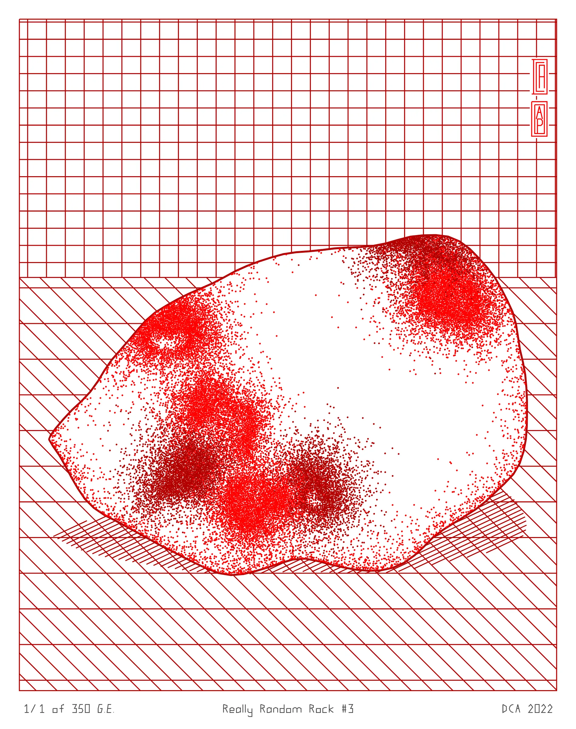 A project about nature and algorithm. It's easy to enjoy the randomness of a rock. Inspired by East Asian stone collecting, Really Random Rock brings a collection of 350 unique and unexpected viewing stones that generate from the random output of a hash string. Each rock is fully plottable and derives its form from a closed-loop shape expansion algorithm that makes countless calls to a random function. Through the very nature of randomness, resulting forms may occasionally resemble familiar things such as faces, animals, or landscapes. These results are purely coincidental and are celebrated as chance occurrences ...for this is the very essence of stone viewing and appreciation.
A plotting guide is available at the website above. ***Render times vary***