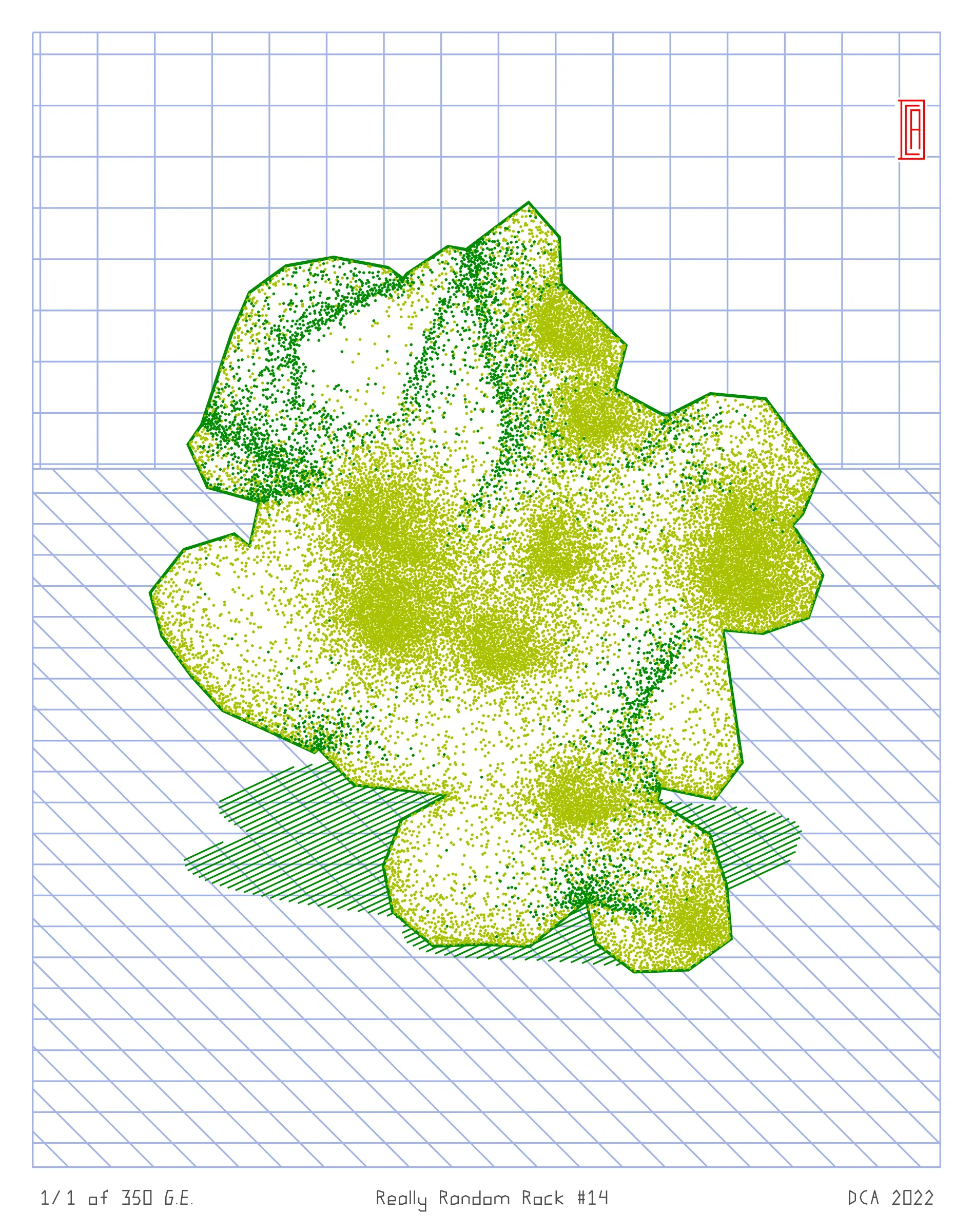 A project about nature and algorithm. It's easy to enjoy the randomness of a rock. Inspired by East Asian stone collecting, Really Random Rock brings a collection of 350 unique and unexpected viewing stones that generate from the random output of a hash string. Each rock is fully plottable and derives its form from a closed-loop shape expansion algorithm that makes countless calls to a random function. Through the very nature of randomness, resulting forms may occasionally resemble familiar things such as faces, animals, or landscapes. These results are purely coincidental and are celebrated as chance occurrences ...for this is the very essence of stone viewing and appreciation.
A plotting guide is available at the website above. ***Render times vary***