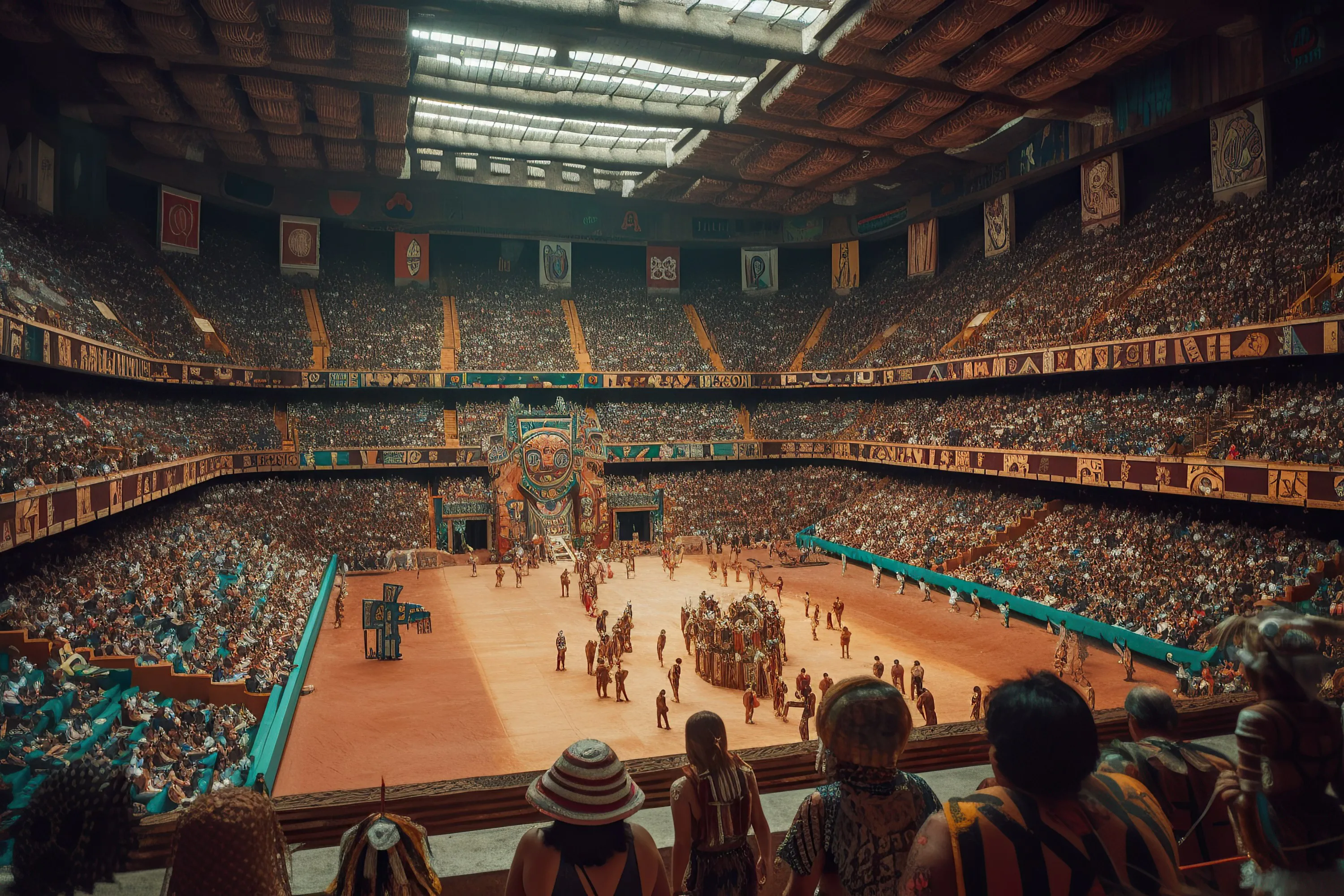 The sun was setting over the ancient city of Coba, casting long shadows across the vast stone Temple Stadium as the crowd inside cheered for their favorite team. Two groups of fierce Maya Jaguar Warriors clad in ceremonial armor were ready to compete in the traditional Mesoamerican Ballgame: Pok-A-Tok.

As the match progressed, the tension between both sides grew until finally one player managed to slip past his opponent and drive the ball into the back of the net! Cheers erupted from all corners of the arena as the victorious team ran onto the court to celebrate their victory. It had been a hard-fought battle, but it seemed like only moments ago when the same crowd were chanting and drumming in unison, urging on their heroes. 

Such was life in this alternate reality; here the Spanish conquistadors had never arrived, and the great cities of the Mayans still stood proudly in the heart of Mexico. 

(3000x2000px)