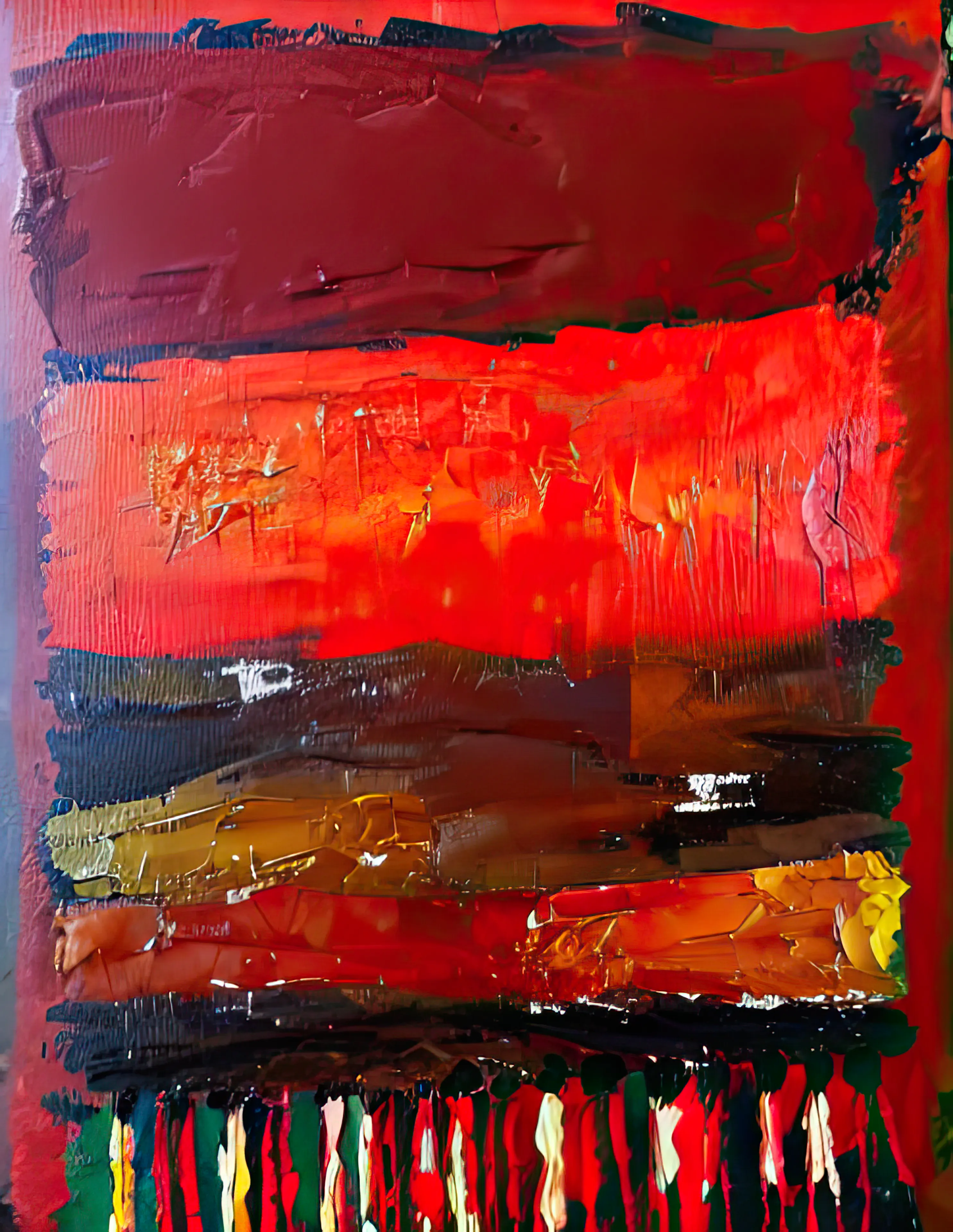 there is no abstract.  or figurative. or method. or revolution. or artists or collectors for that matter. and most of what we make or acquire will be mercifully forgotten in the puncture holes distributed by dull bayonets from a war that was never fought. buried in a sea of premium pornography or suffocated by the listless novacaine drip leaking from an unhealing hang nail. but there is meat. and flies.  there is always meat. there is that. and flies that satisfy their carnal urges in the pulverized existence of a beast born to bleed and feed.  these strokes document the joyful moments in the slaughterhouse. the routine passings.  the hooves and snouts and skin and bones and cherished memories becoming mere runoff sweat into the drains to lubricate the purposeless gears again. there is comfort in creation, even if its destruction. one more round is needed. one final churn. until the next one.  there is happiness in meat. there is that