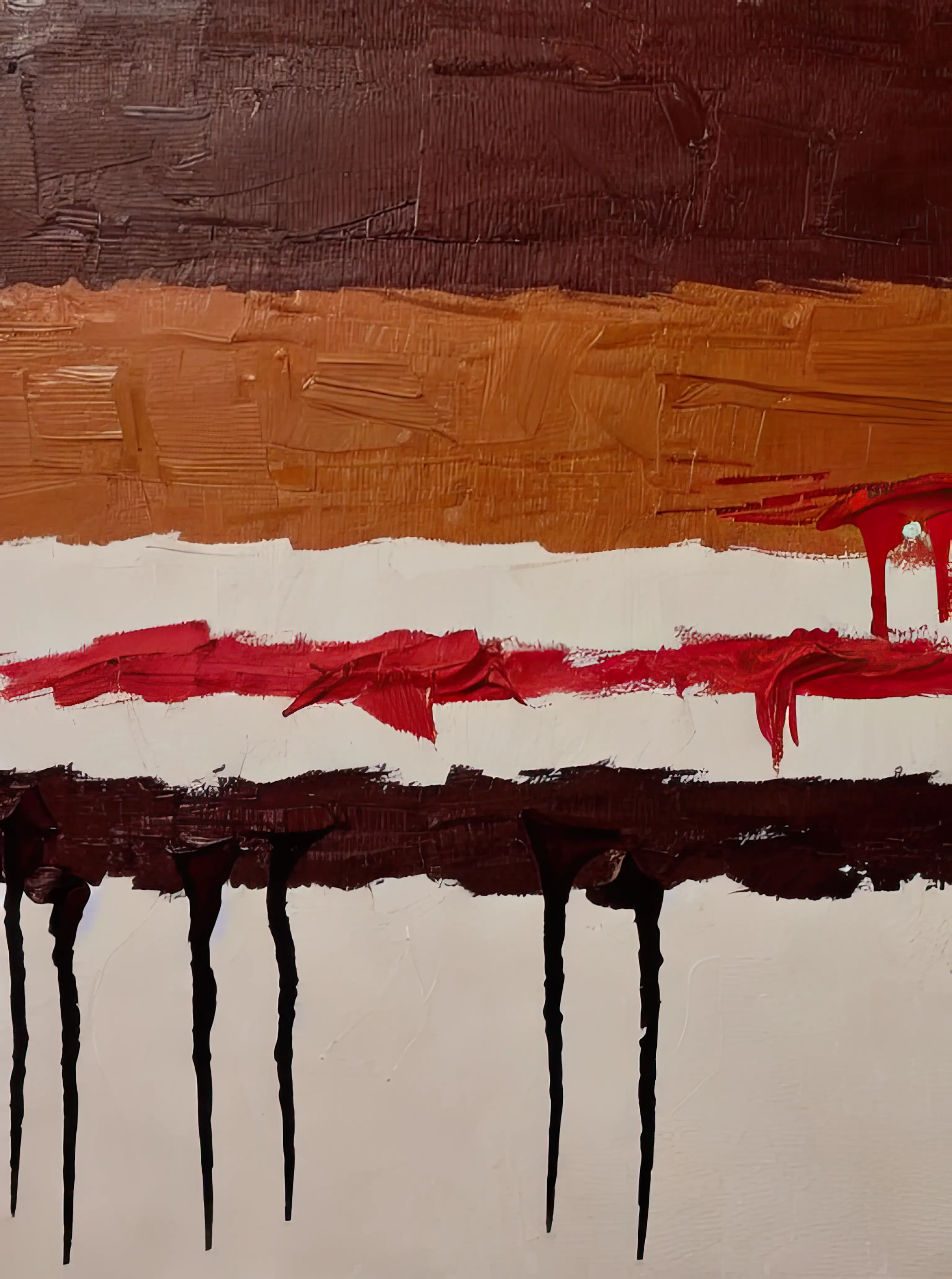 there is no abstract.  or figurative. or method. or revolution. or artists or collectors for that matter. and most of what we make or acquire will be mercifully forgotten in the puncture holes distributed by dull bayonets from a war that was never fought. buried in a sea of premium pornography or suffocated by the listless novacaine drip leaking from an unhealing hang nail. but there is meat. and flies.  there is always meat. there is that. and flies that satisfy their carnal urges in the pulverized existence of a beast born to bleed and feed.  these strokes document the joyful moments in the slaughterhouse. the routine passings.  the hooves and snouts and skin and bones and cherished memories becoming mere runoff sweat into the drains to lubricate the purposeless gears again. there is comfort in creation, even if its destruction. one more round is needed. one final churn. until the next one.  there is happiness in meat. there is that